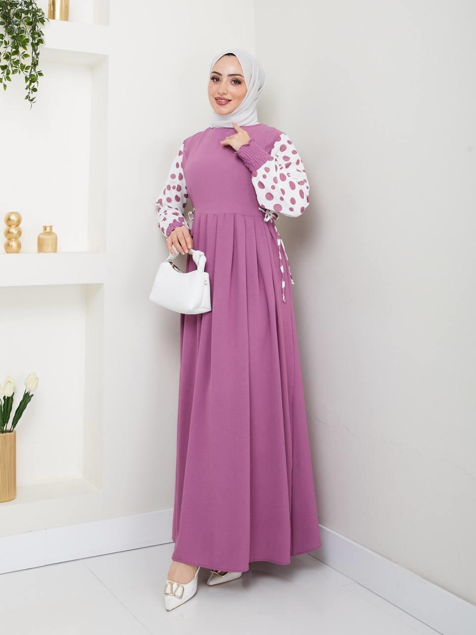 Kolları Puantiyeli Tesettür Elbise 2281 Lila