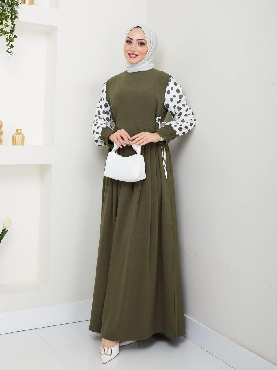 Kolları Puantiyeli Tesettür Elbise 2281 Haki