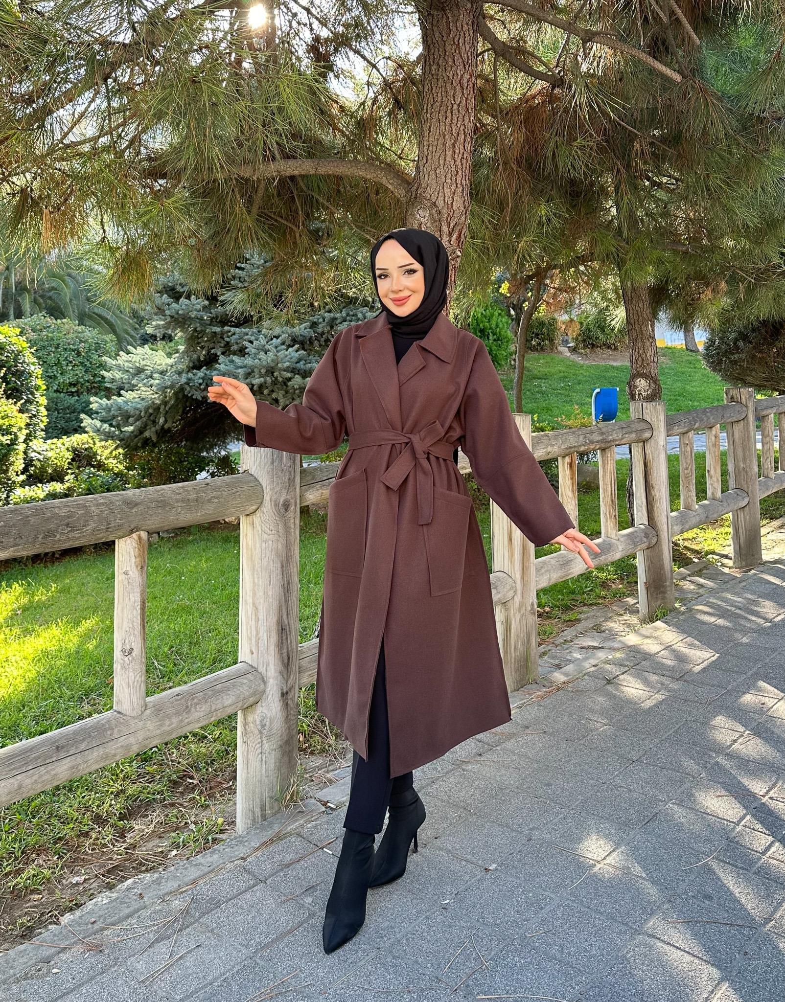 Torba Cepli Tesettür Kaşe Kaban 4017 Acı Kahve
