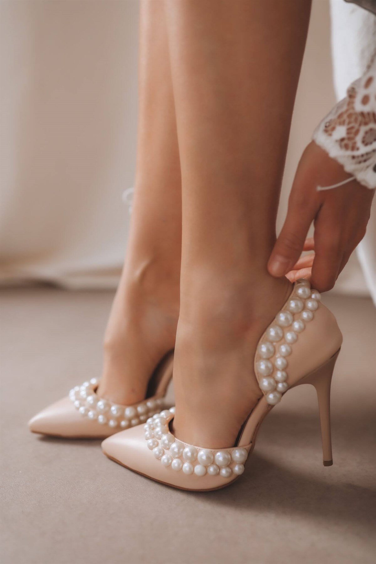 Bridal Bayan İncili Topuklu Ayakkabı - TEN
