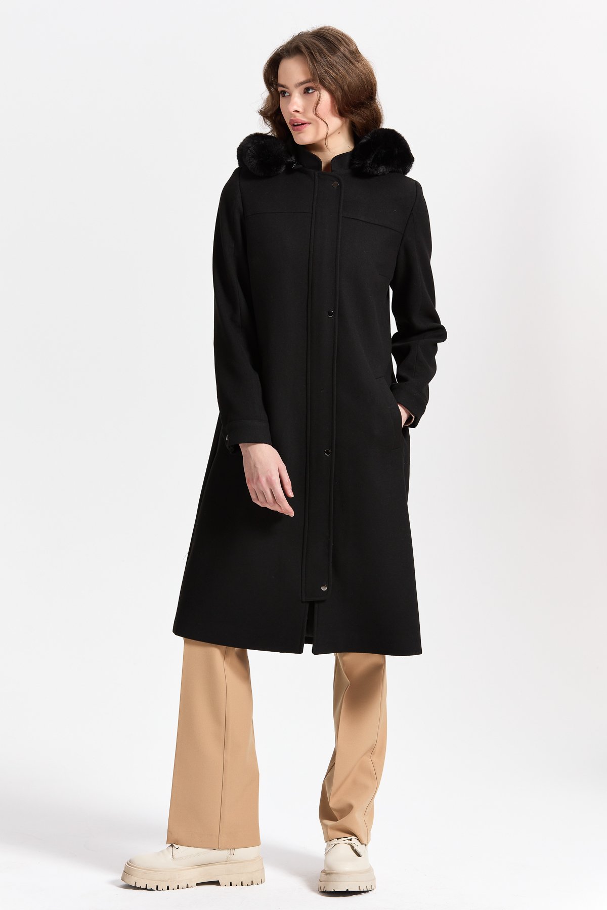 Nihan Fur Hooded Sport Coat Black