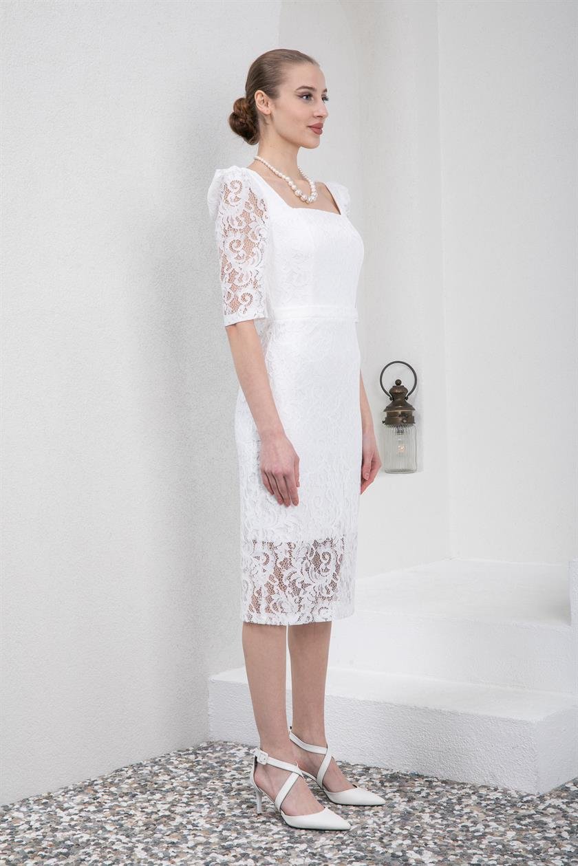 Pearl Necklace Midi Length White Lace Evening Dress