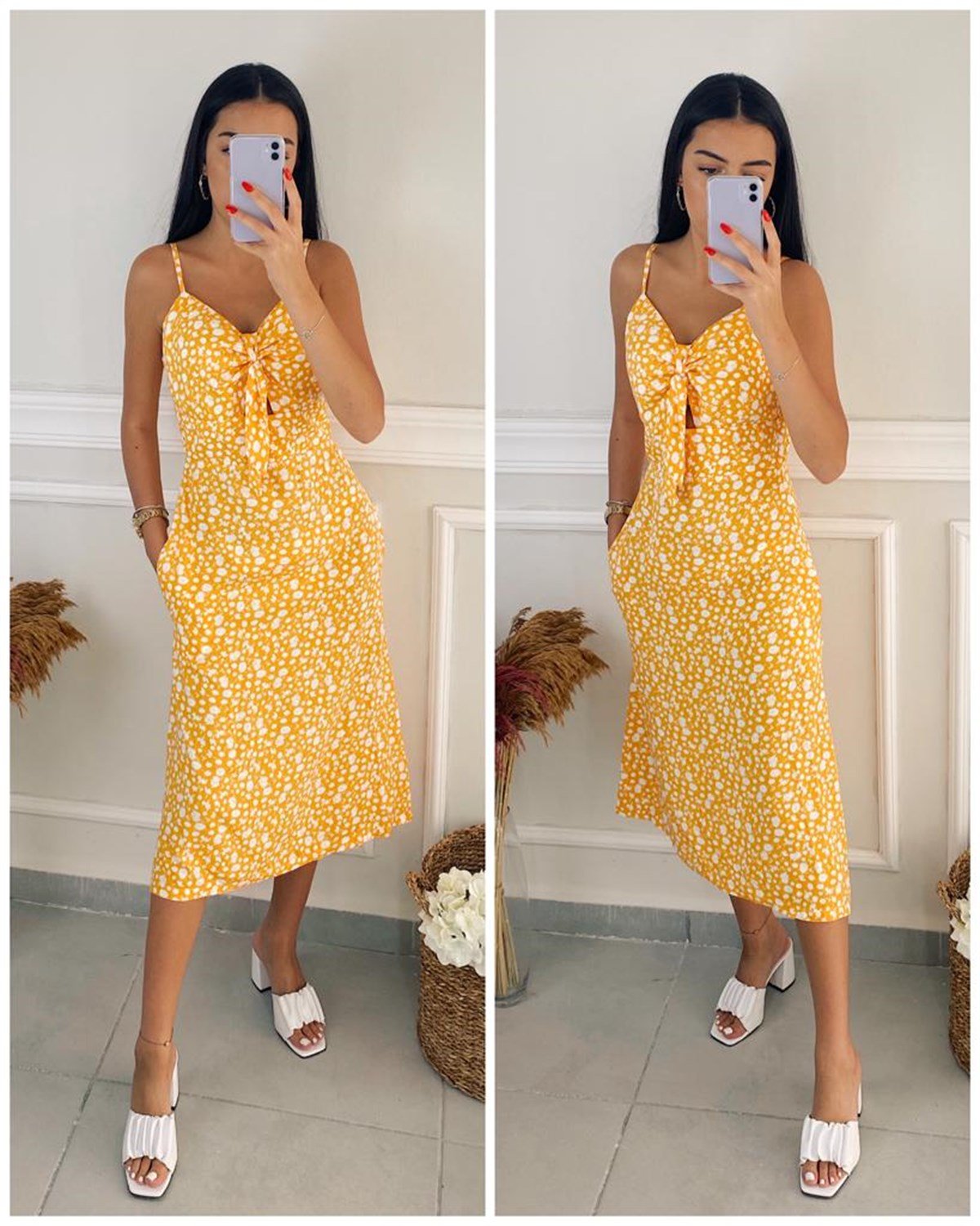 İp Askılı Hardal Sarı Çiçekli Elbise | Trend&Şık Tasarımlar |  minetanbutik.com.tr