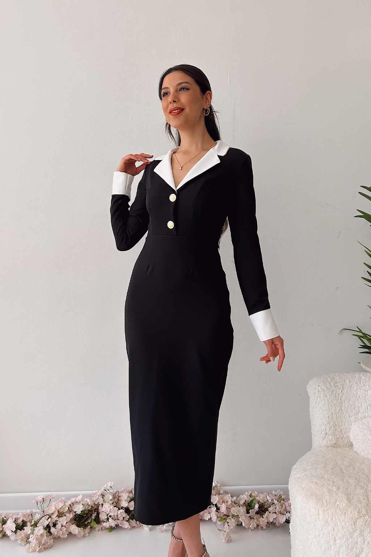 Manşet Detay Uzun Kollu Kalem Elbise - Siyah| Trend&Şık Tasarımlar |  minetanbutik.com.tr