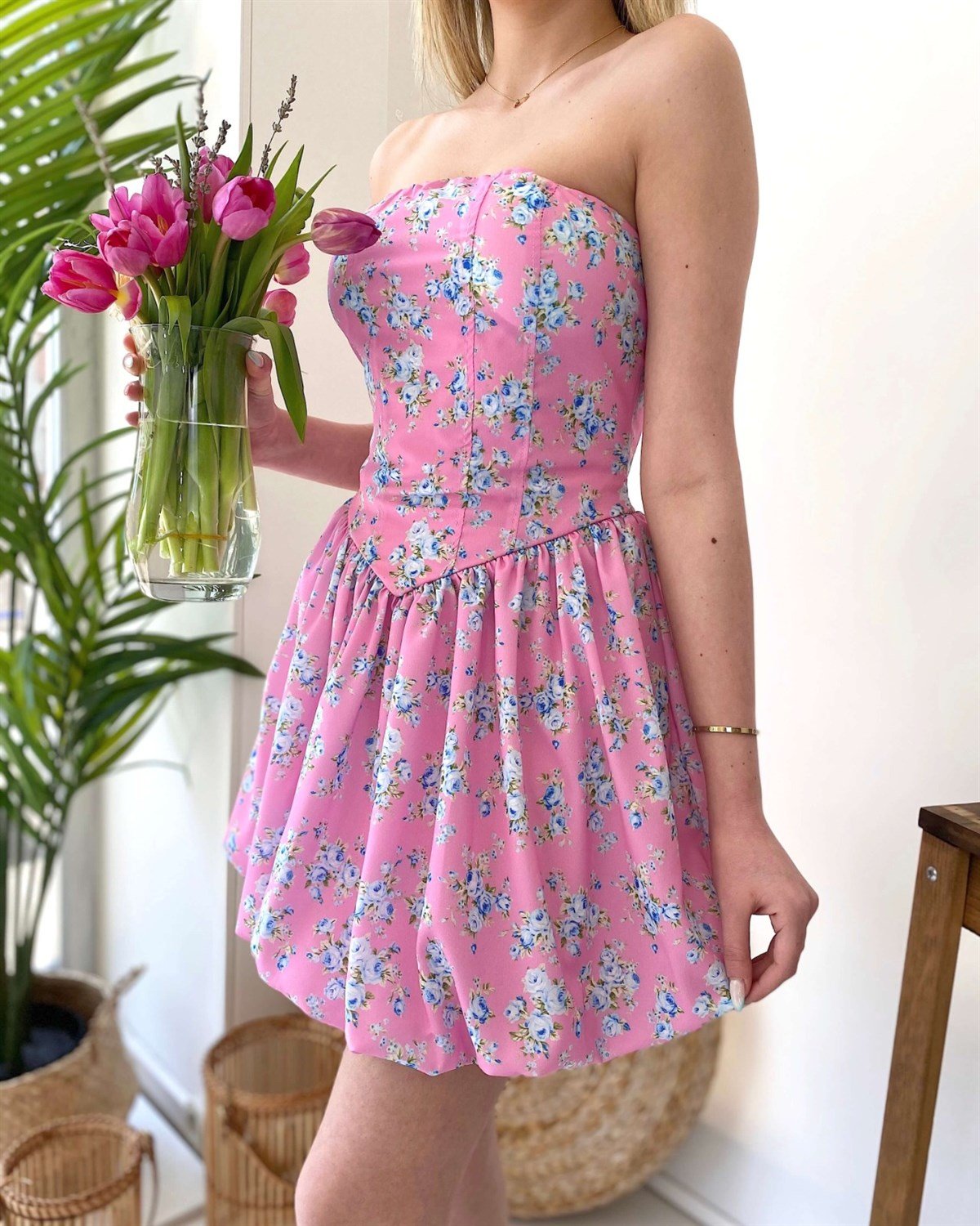 Straplez Balon Etek Çiçekli Elbise | Trend&Şık Tasarımlar |  minetanbutik.com.tr