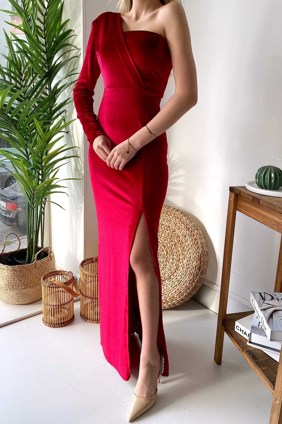 Tek Kol Tek Omuz Kadife Elbise - Kırmızı | Trend&Şık Tasarımlar |  minetanbutik.com.tr