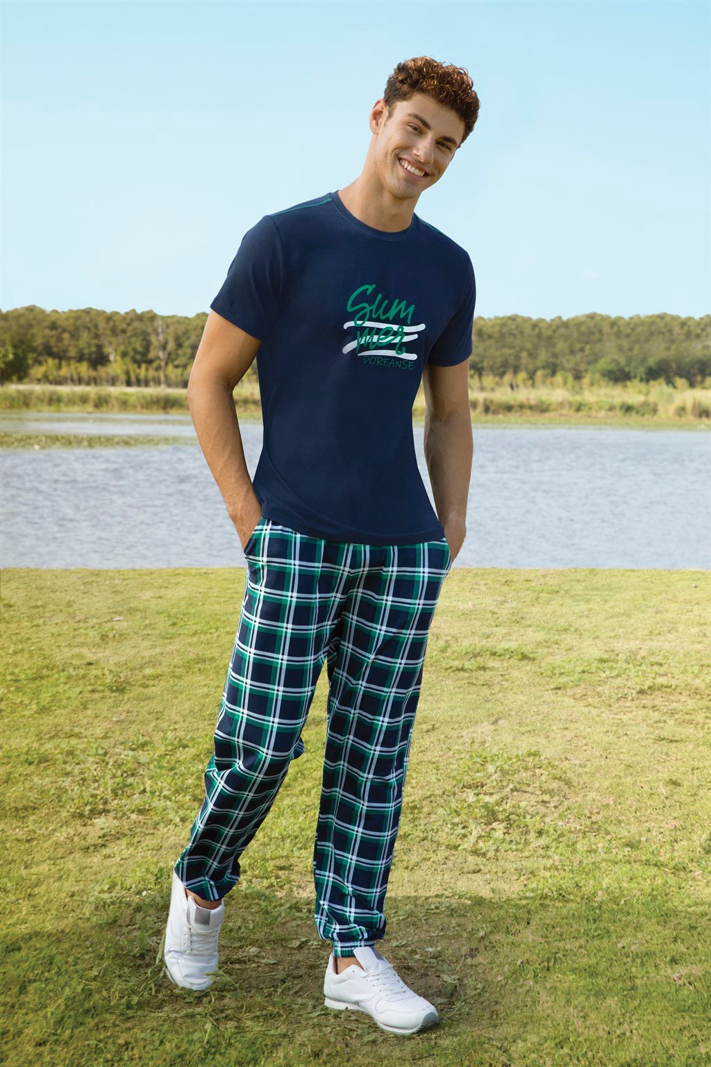 DOREANSE Erkek Lacivert Kareli Basklı T-Shirt Pijama Takımı 4843 |  galiyet.com