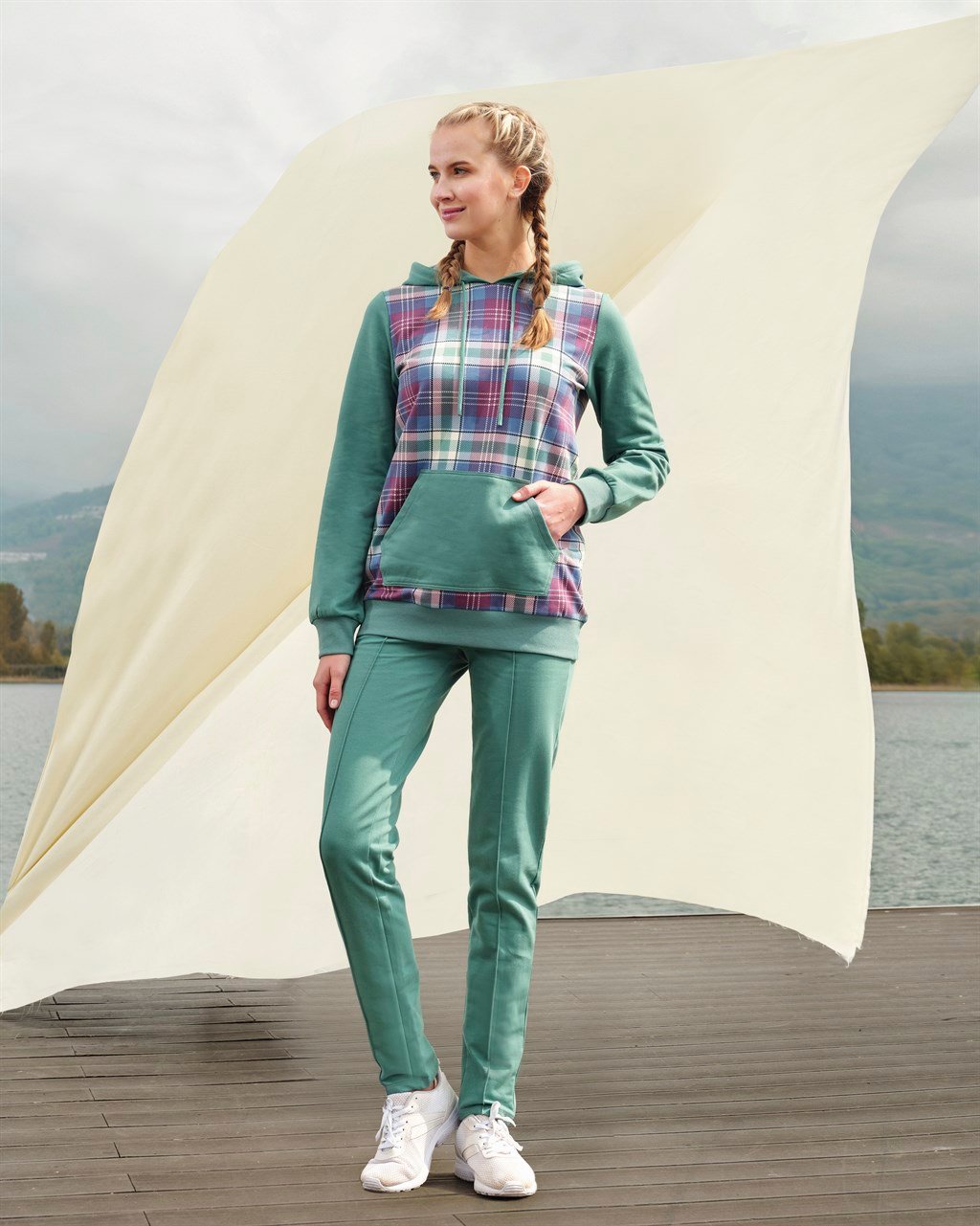 DOREANSE Kadın Yeşil Renkli Kareli Hoodie Ev Giyim-Pijama Takımı 4183 |  galiyet.com