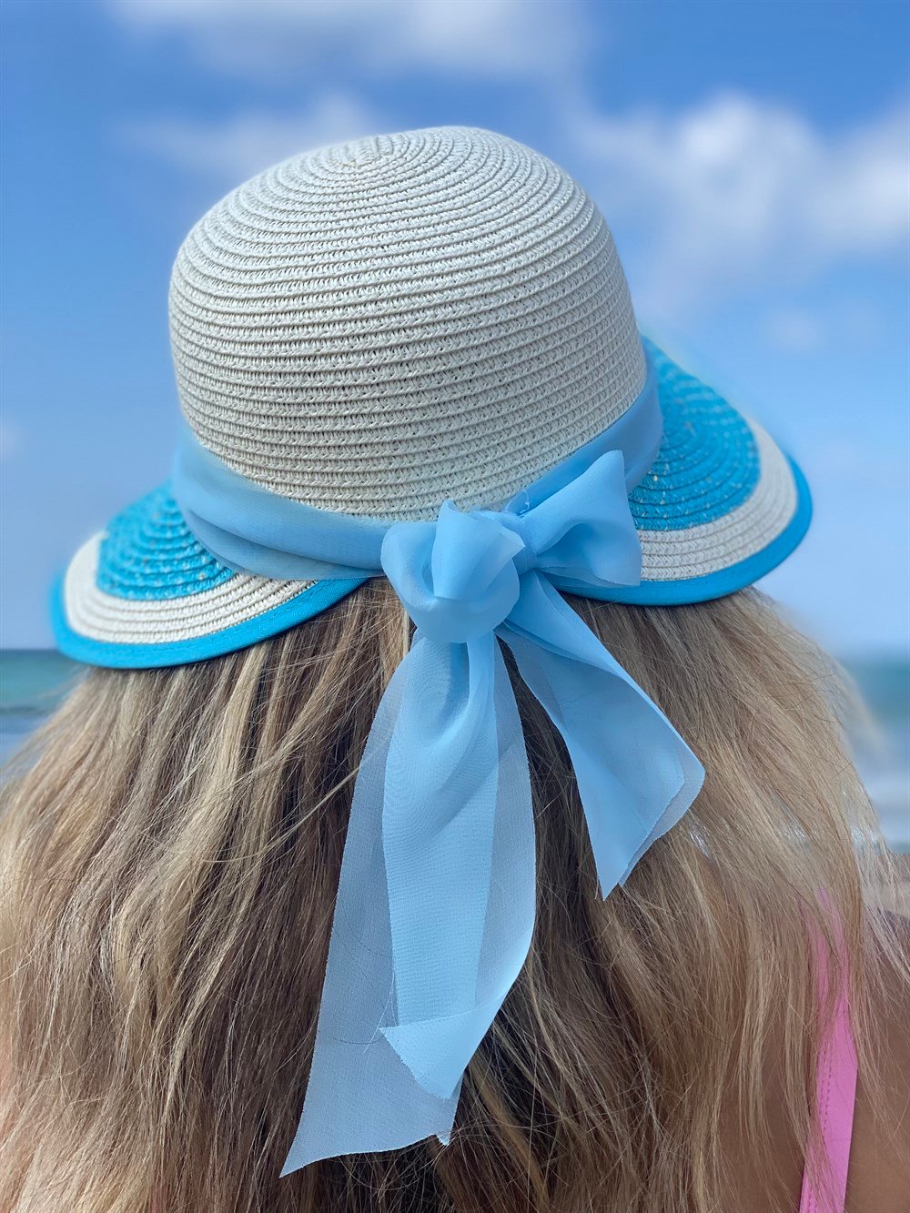 Kadın Hasır Plaj Şapkası Mavi Beyaz