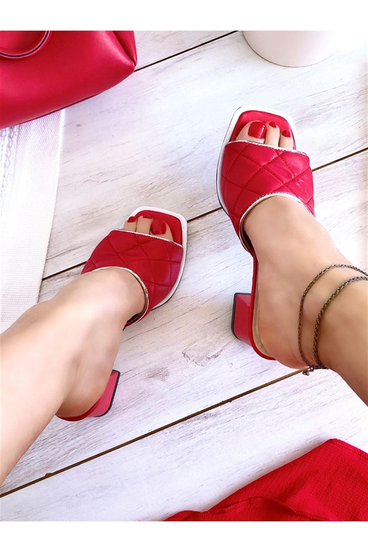 Women s Red Quilted Heeled Slippers