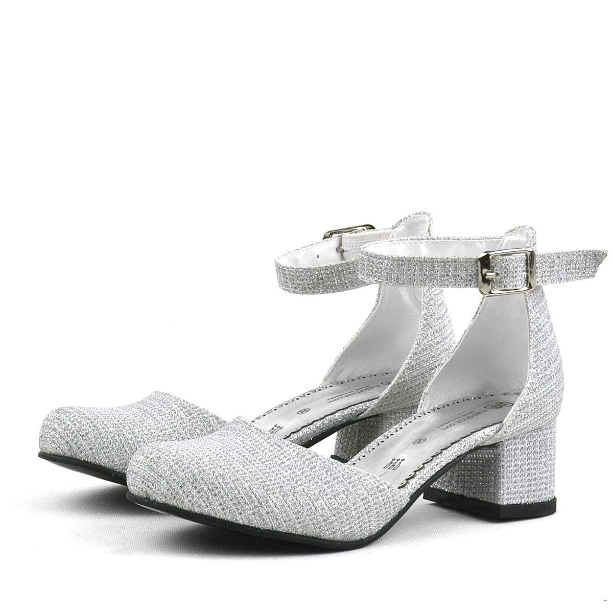 Merida Gümüş Simli Kalın Topuklu Kız Çocuk Topuklu Ayakkabı - B630-SN