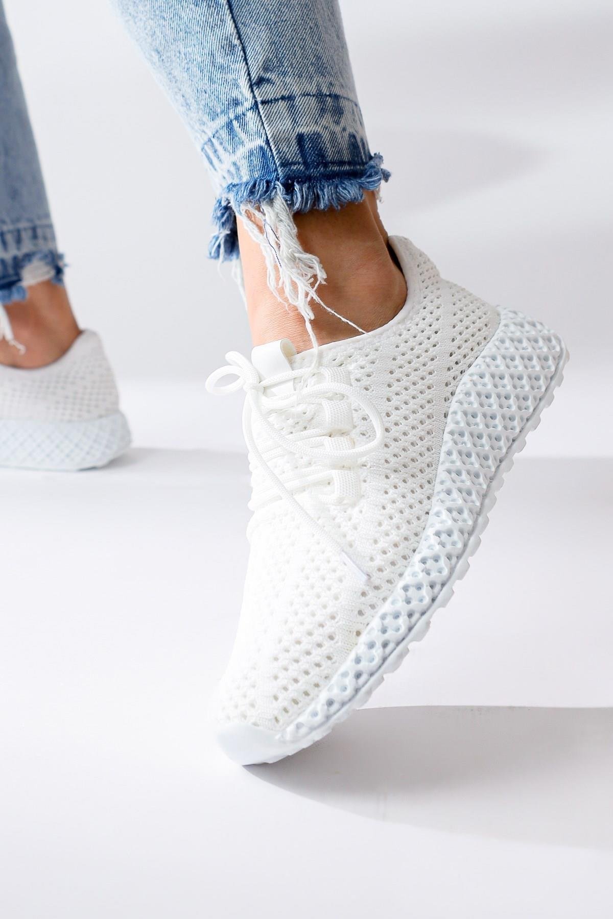Beyaz Örgü Bağcıklı Sneakers Kadın Spor Ayakkabı