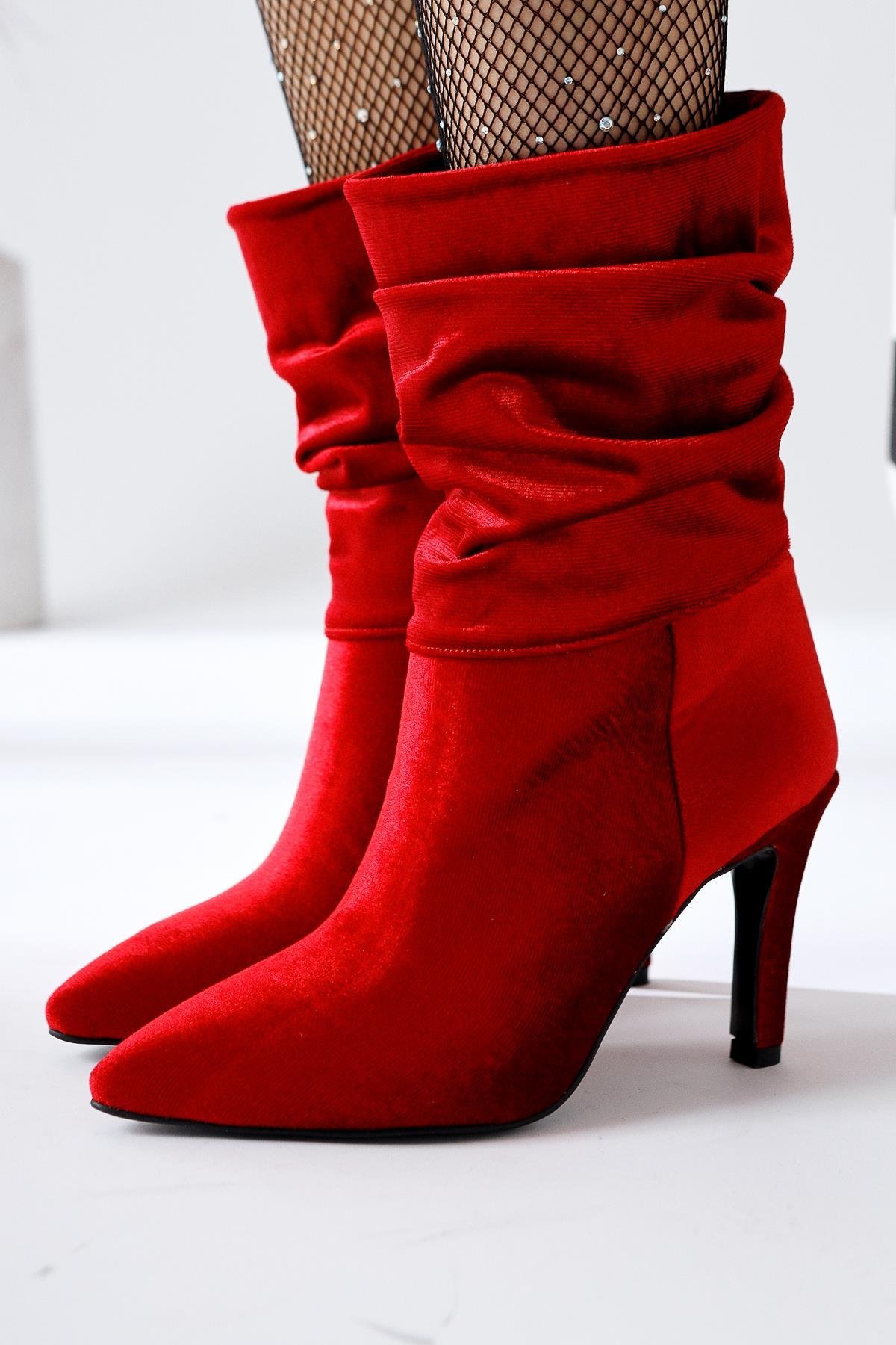Wilma Red Velvet Thin Heeled Boots