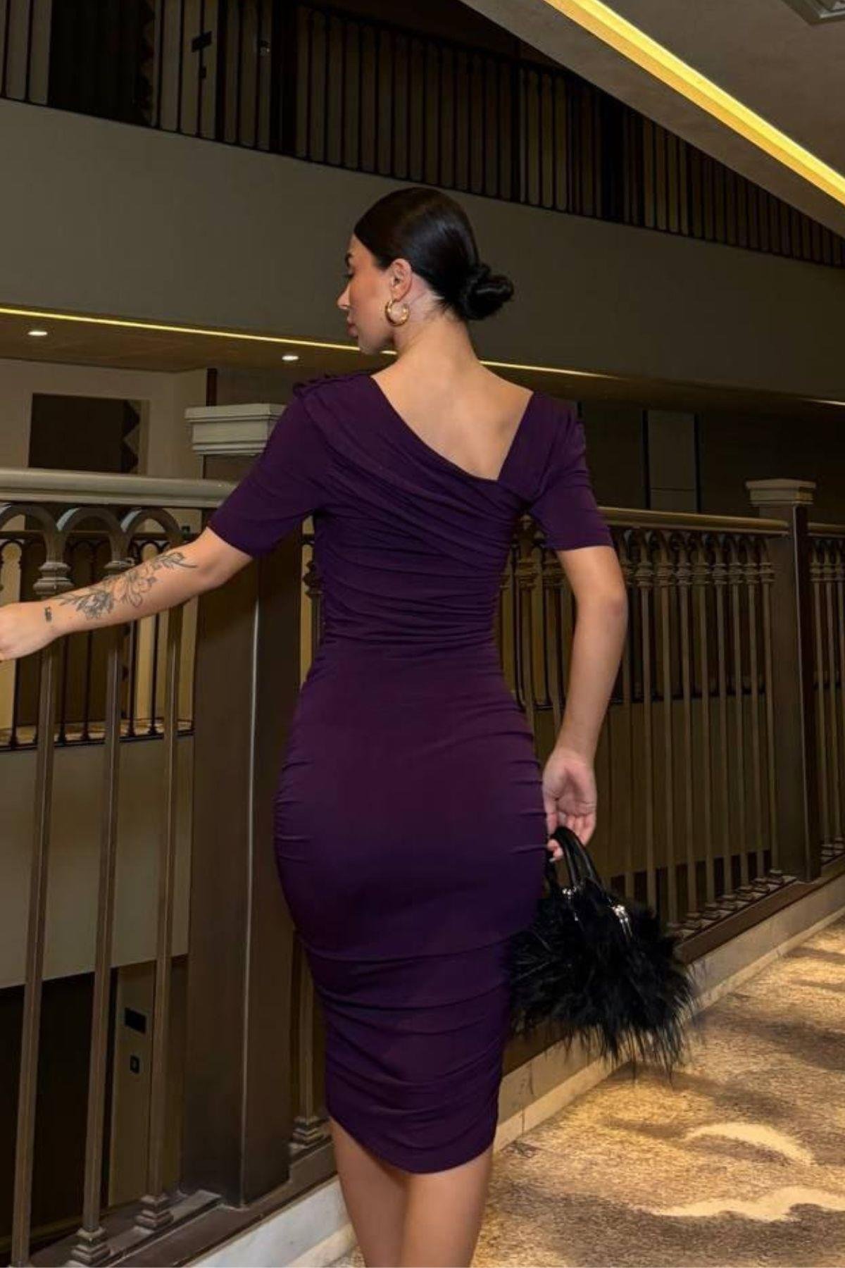 m_style Asimetrik Kesimli Drapeli Midi Boy Elbise | Özel Tasarım | Mossta.com