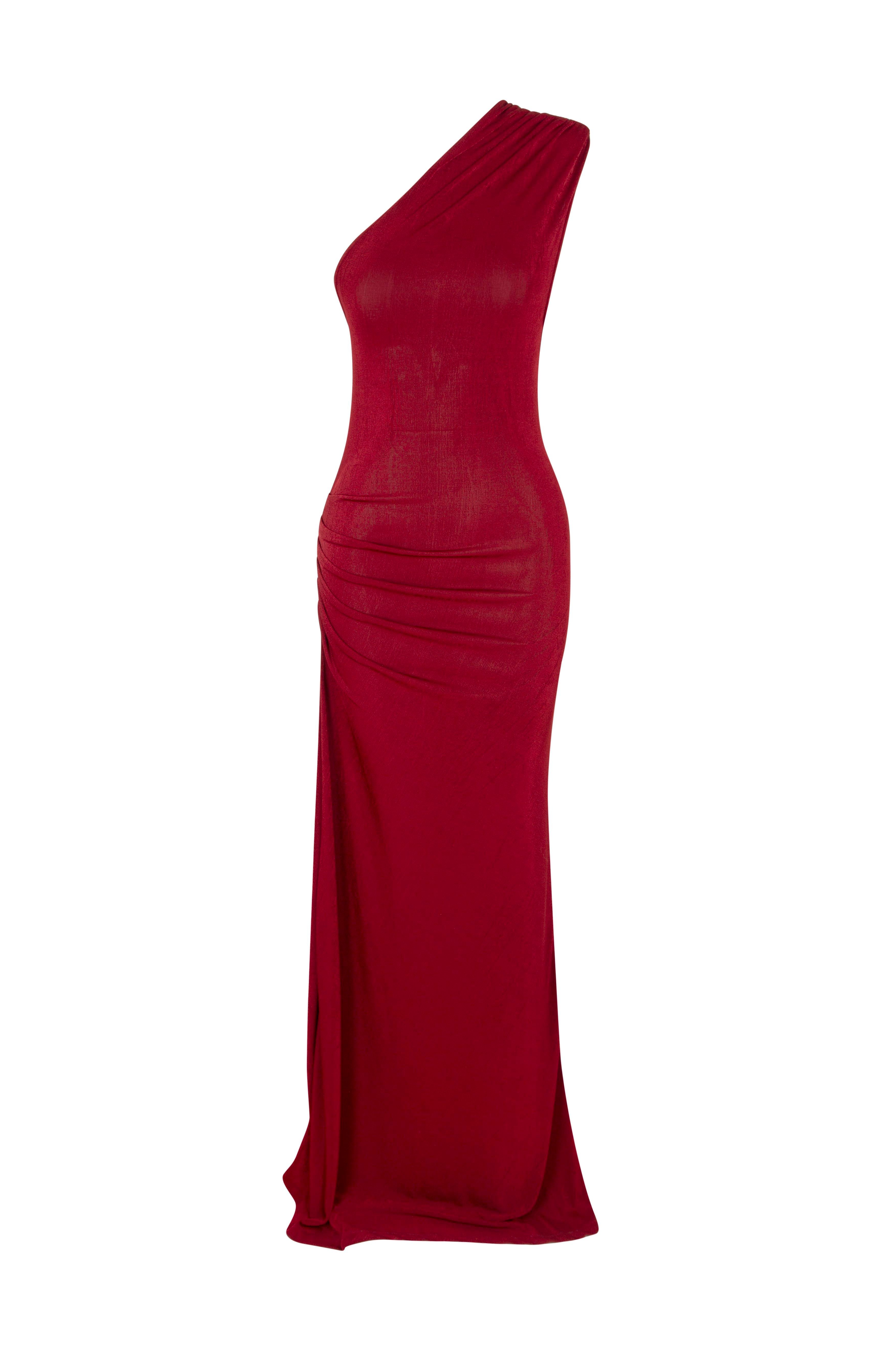 ASİMETRİK MAXİ ELBİSE BORDO