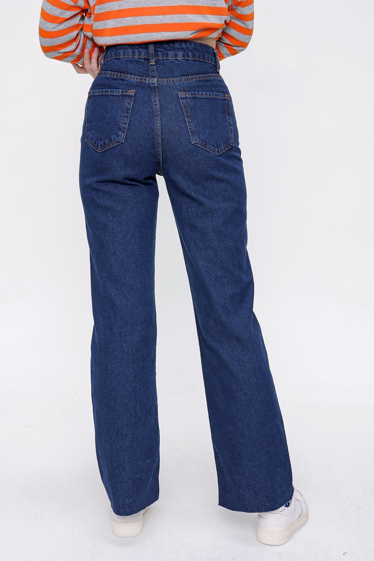 Kadın Koyu Mavi Kesik Bol Paça Pantolon - Butik Buruç