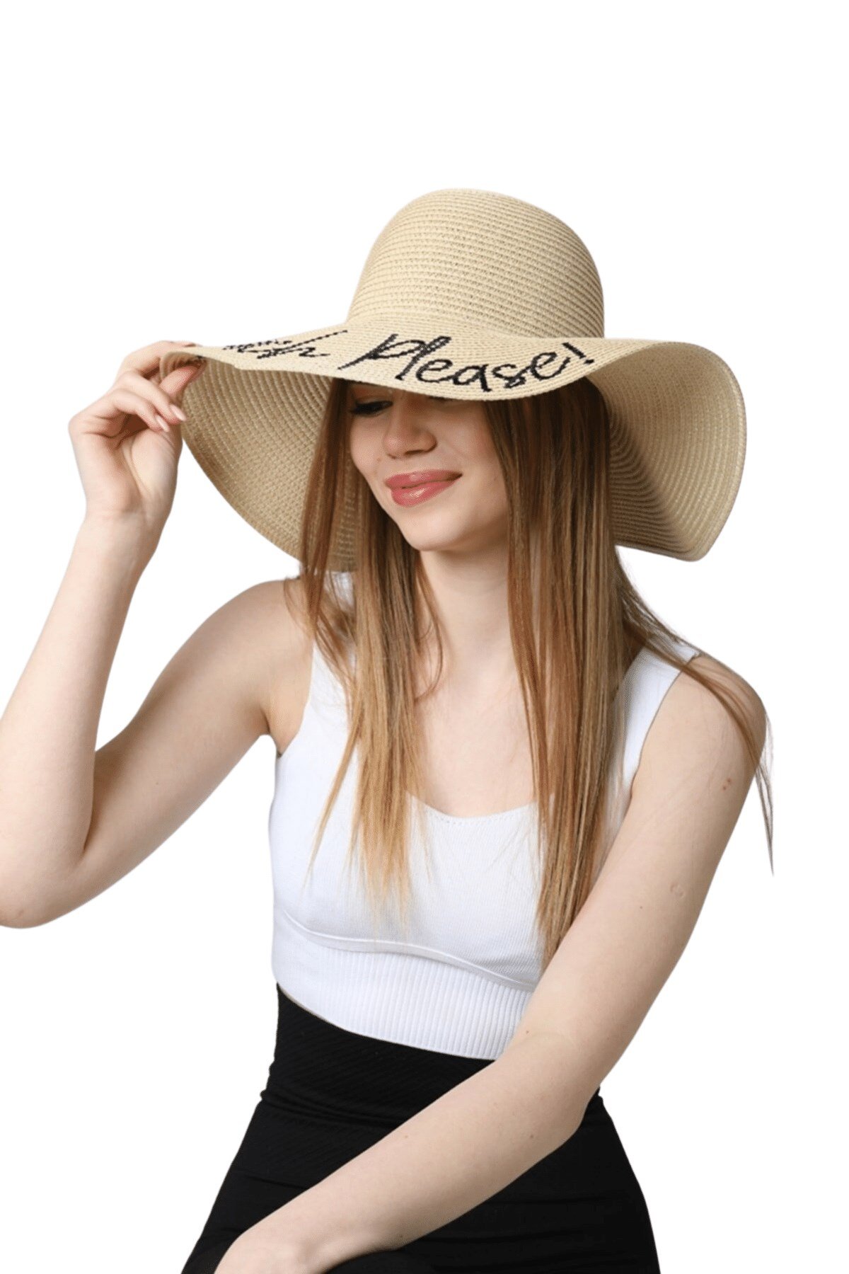 Kadın Bej Yazı İşlemeli Hasır Şapka - Butik Buruç