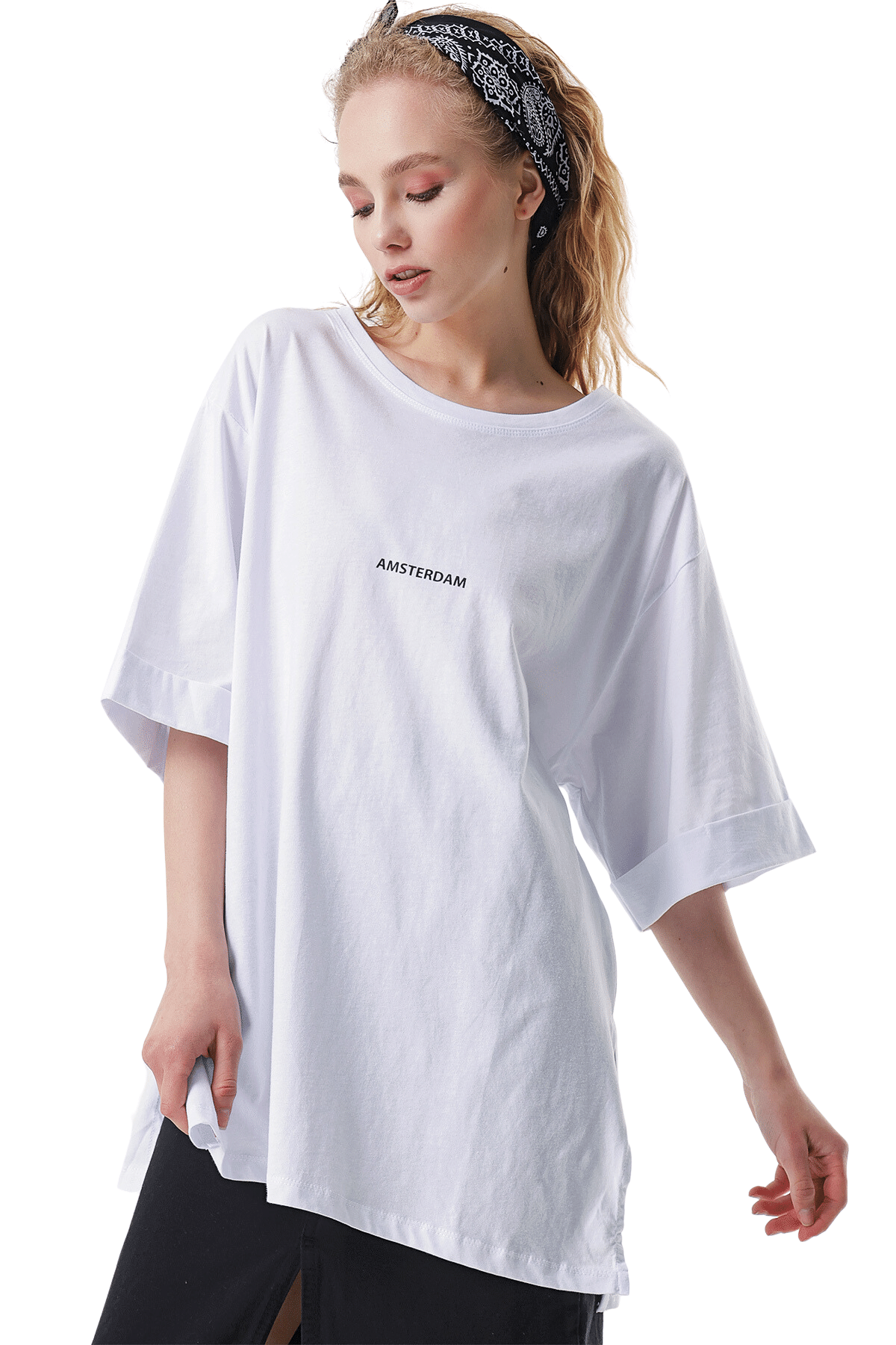 Kadın Beyaz Amsterdam Baskılı Duble Kol Salaş Tişört - Butik Buruç