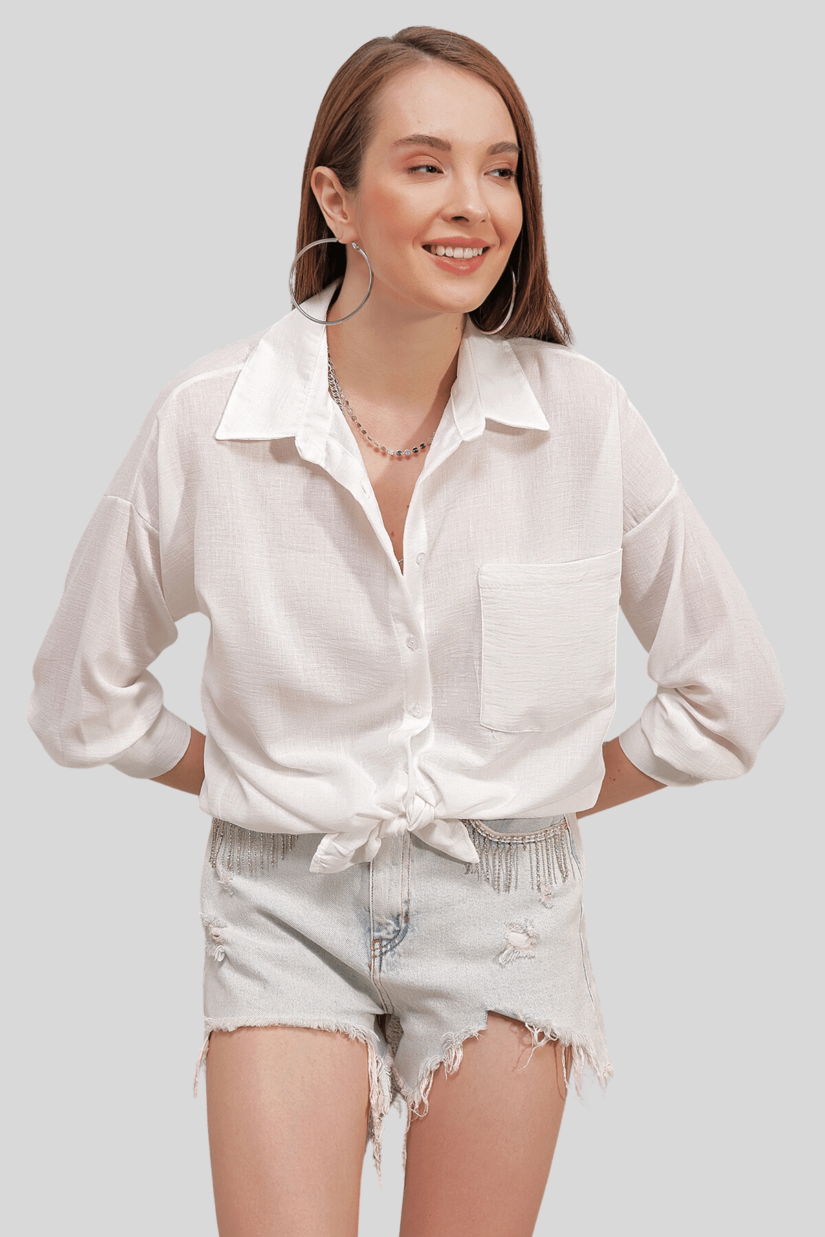 Kadın Beyaz Oversize Keten Gömlek - Butik Buruç