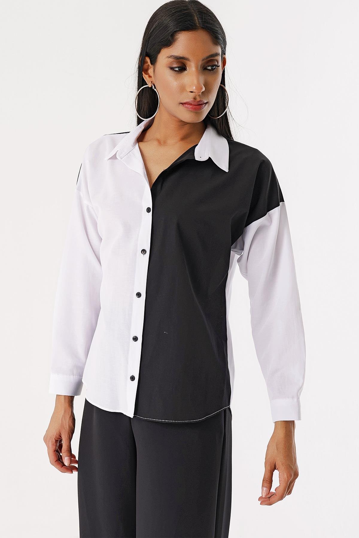Kadın Beyaz Siyah Çift Renk Gömlek - Butik Buruç