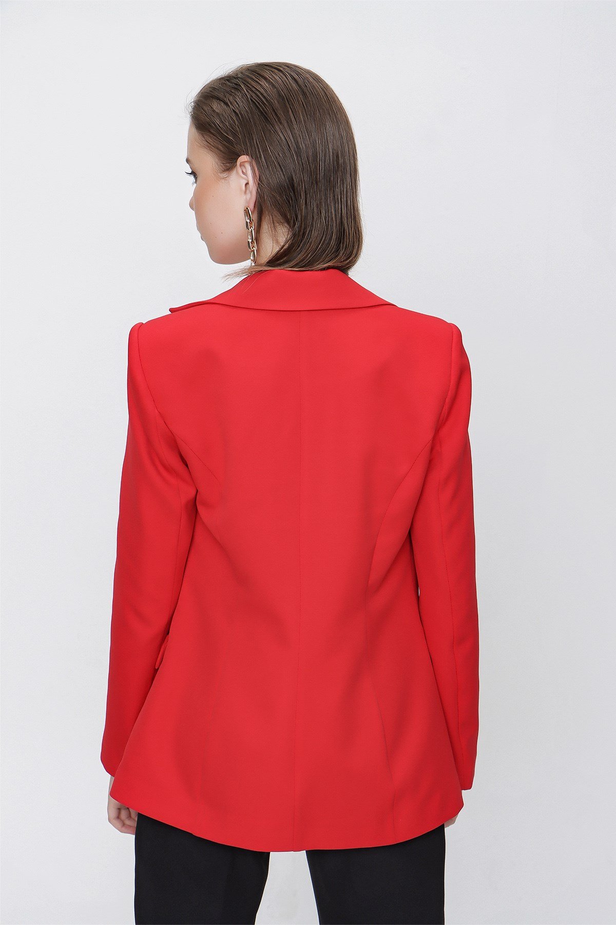 Kadın Kırmızı Cep Kapak Zincirli Ceket - Butik Buruç