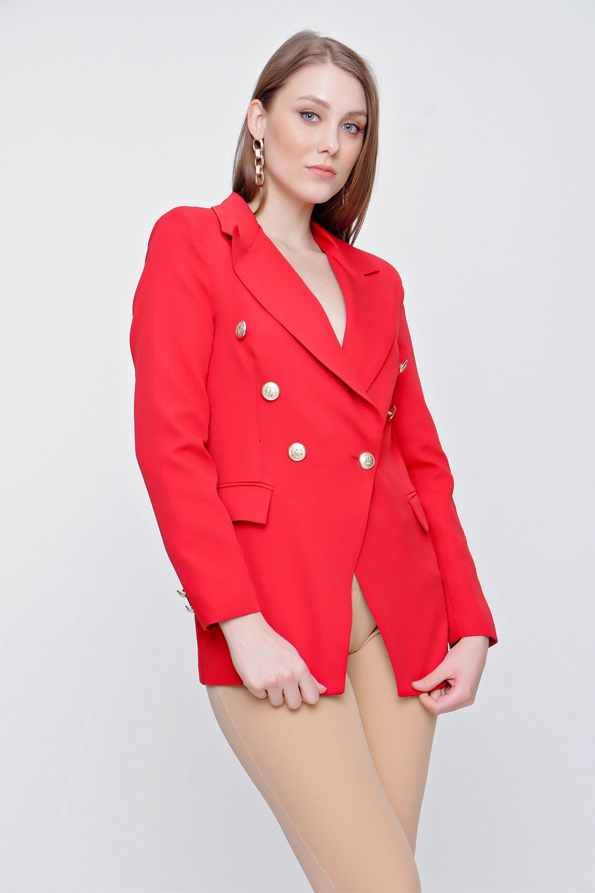 Kadın Kırmızı Kruvaze Yaka Blazer Ceket - Butik Buruç