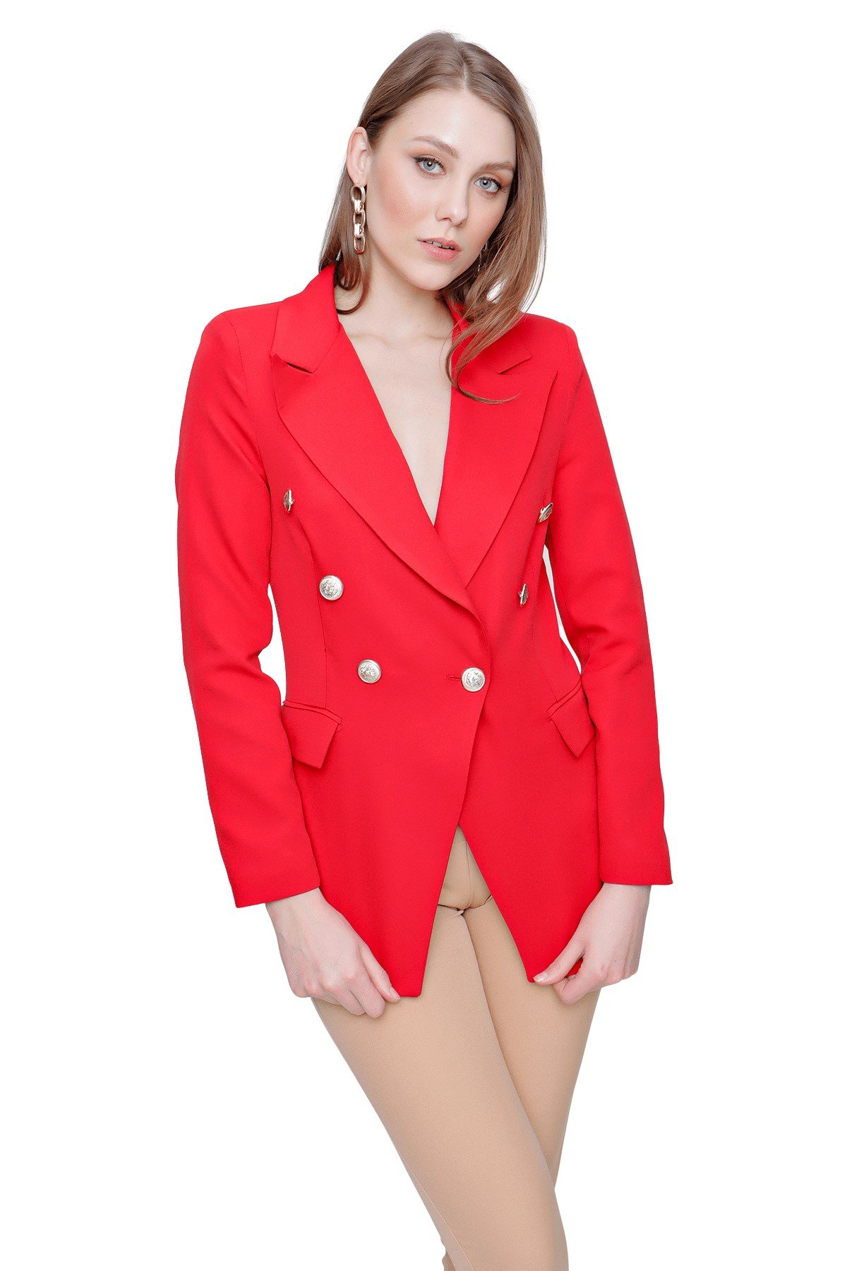 Kadın Kırmızı Kruvaze Yaka Blazer Ceket - Butik Buruç