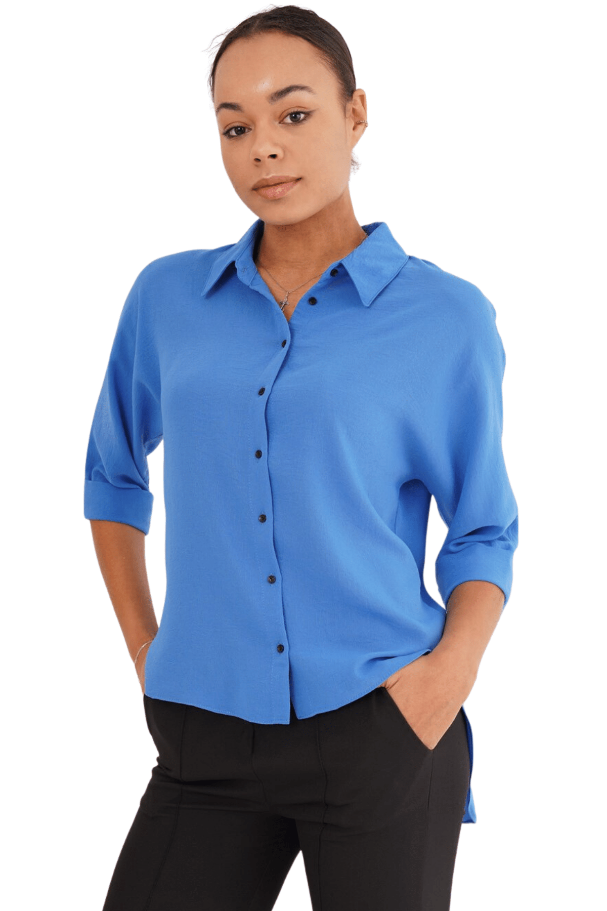 Kadın Mavi Önü Kısa Arkası Uzun Kapri Kol Gömlek - Butik Buruç