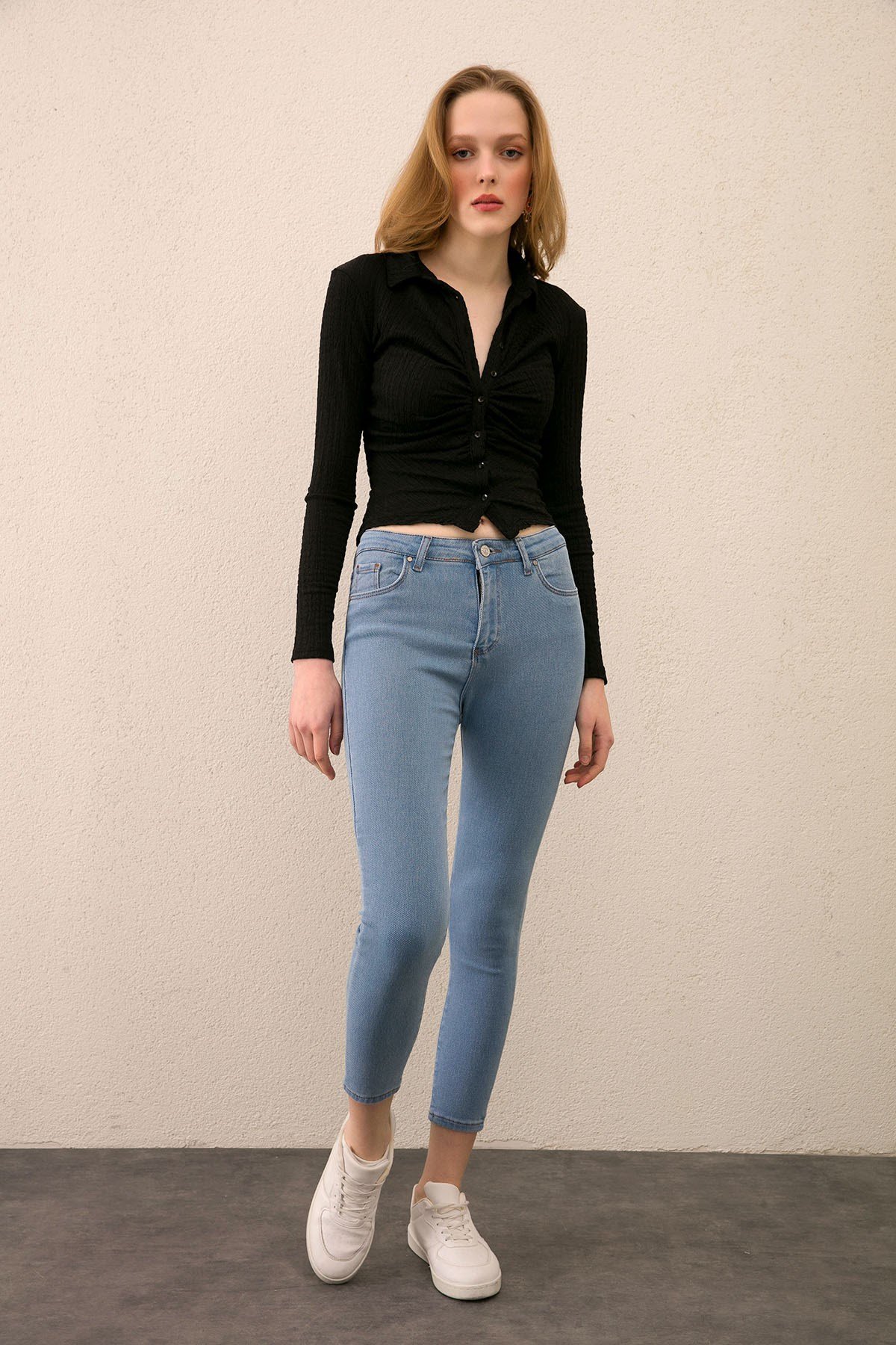 Kadın Mavi Yüksek Bel Skinny Jean Pantolon - Butik Buruç