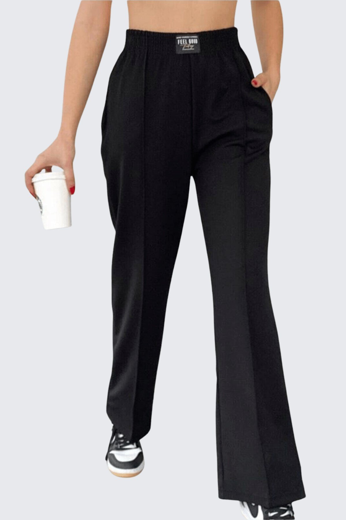 Kadın Siyah Çımalı Bol Paça Pantolon - Butik Buruç