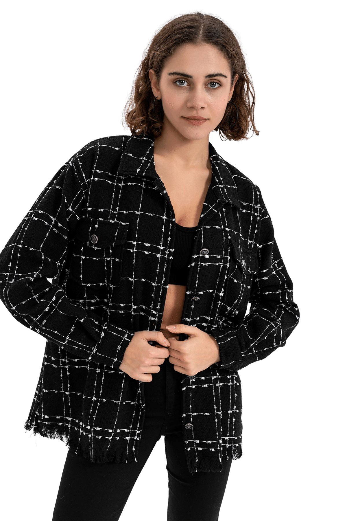 Kadın Siyah Eteği Püsküllü Kareli Oduncu Gömlek - Butik Buruç
