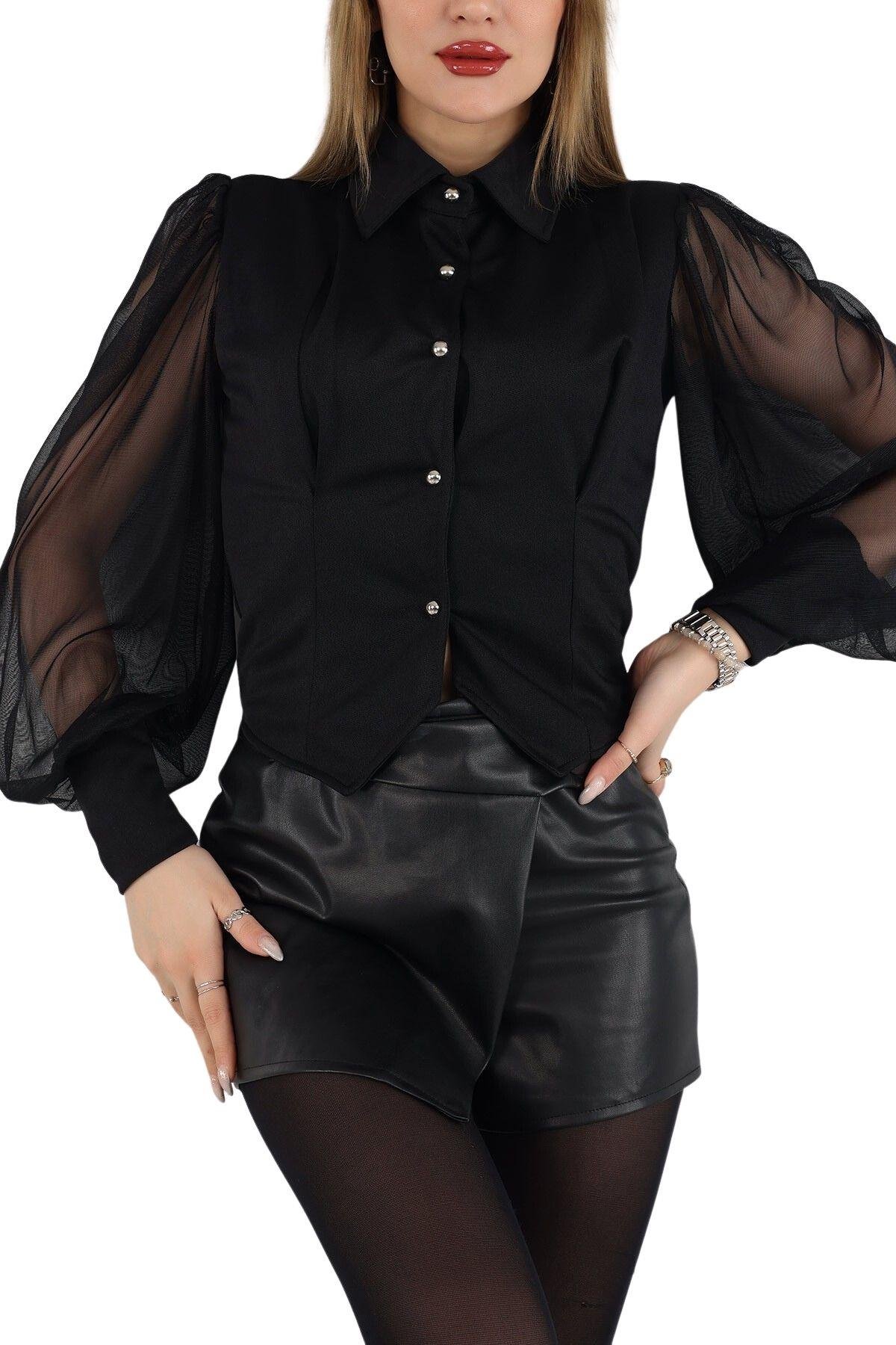 Kadın Siyah Kolu Transparan Gömlek - Butik Buruç
