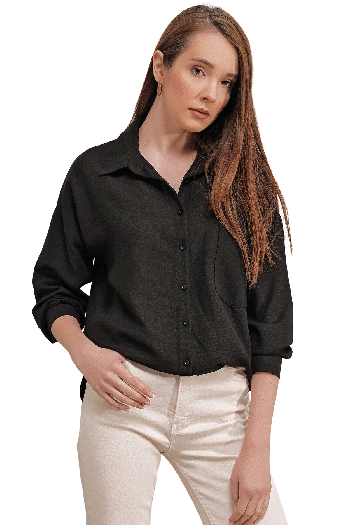 Kadın Siyah Oversize Keten Gömlek - Butik Buruç