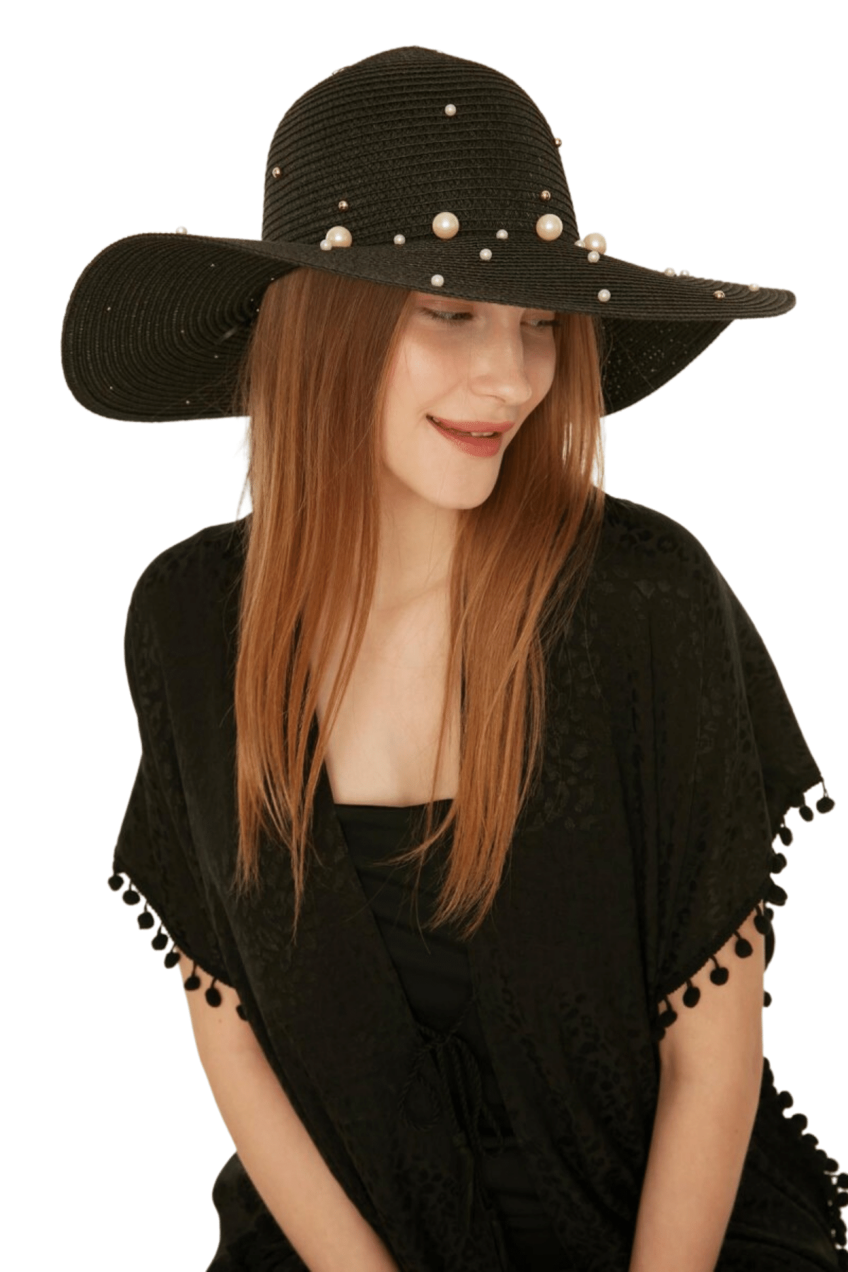 Kadın Siyah Üzeri İncili Beyaz Geniş Hasır Şapka - Butik Buruç
