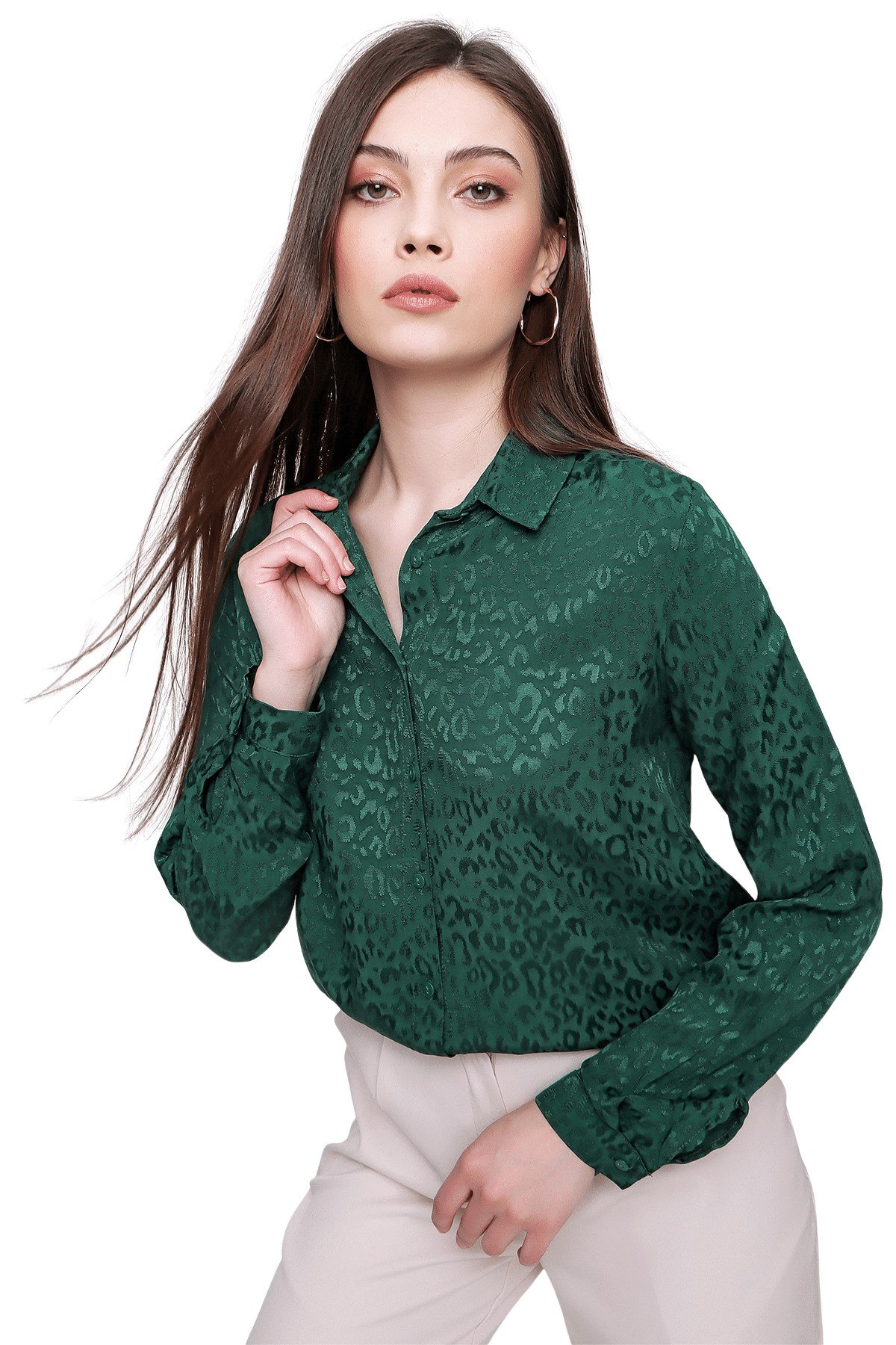 Kadın Zümrüt Yeşil Desenli Saten Gömlek - Butik Buruç