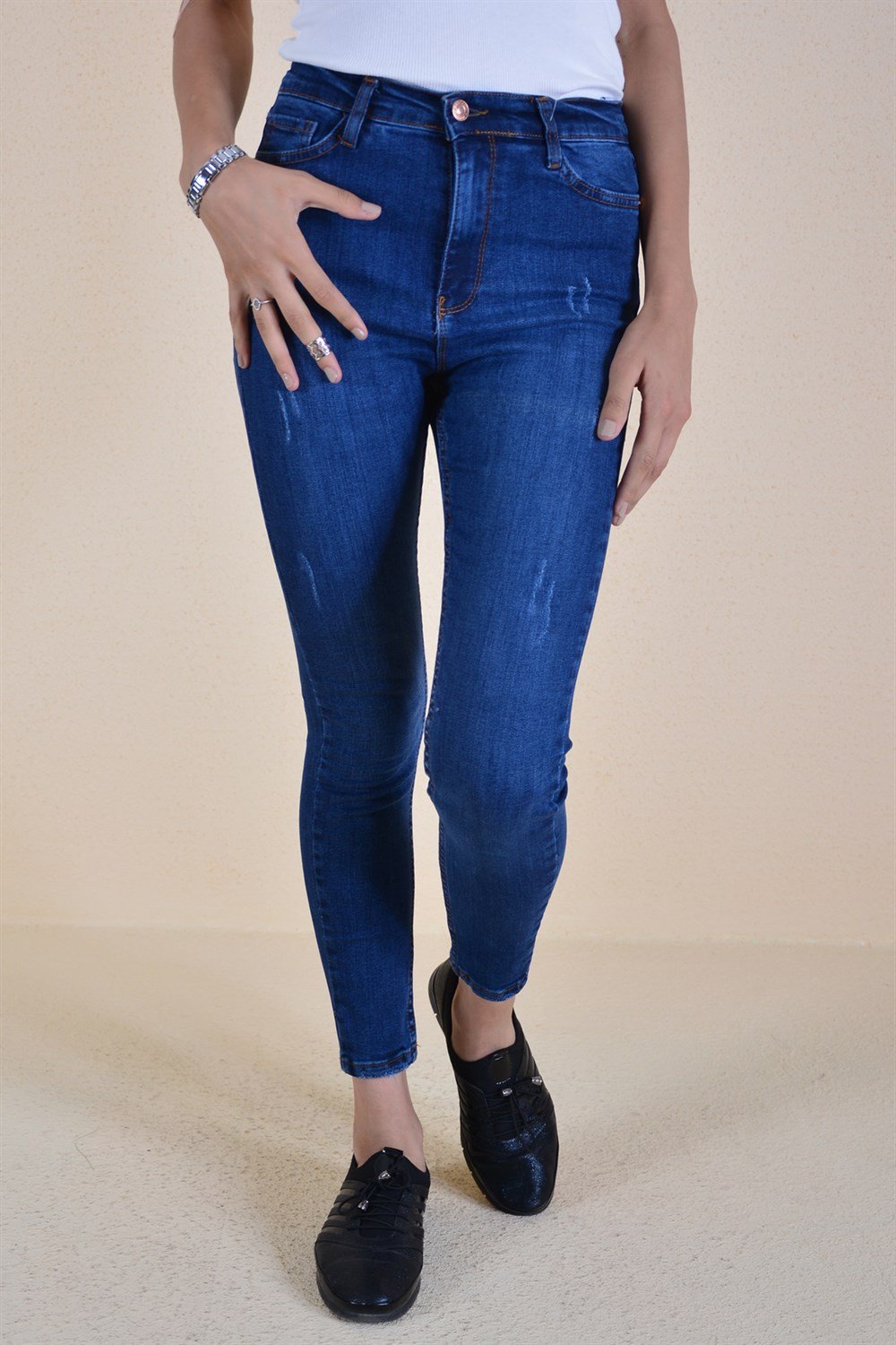 Kot Taşlama Desen Kadın Pantolon - Koyu Mavi - Butik Buruç