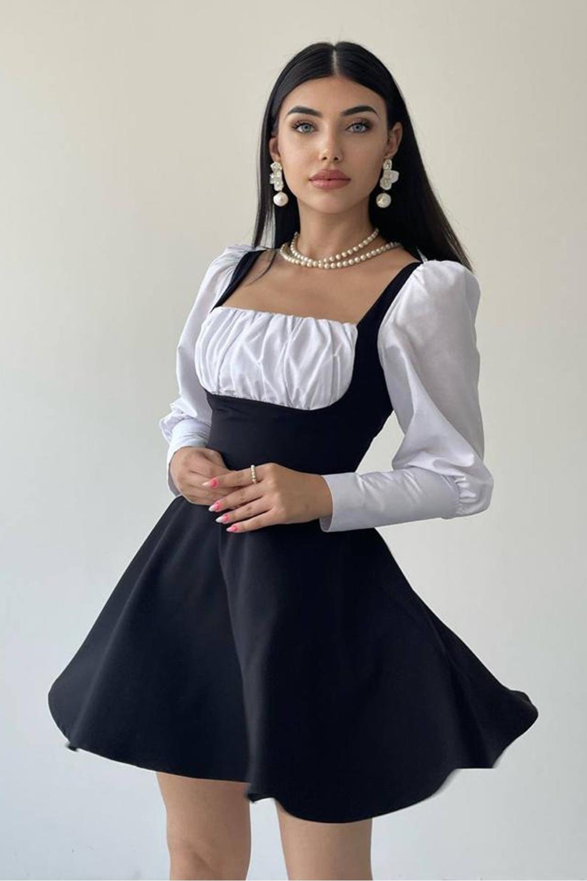 Siyah Beyaz Krep Kumaş Şık Tasarım Uzun Kollu Kloş Mini Abiye Elbise 141