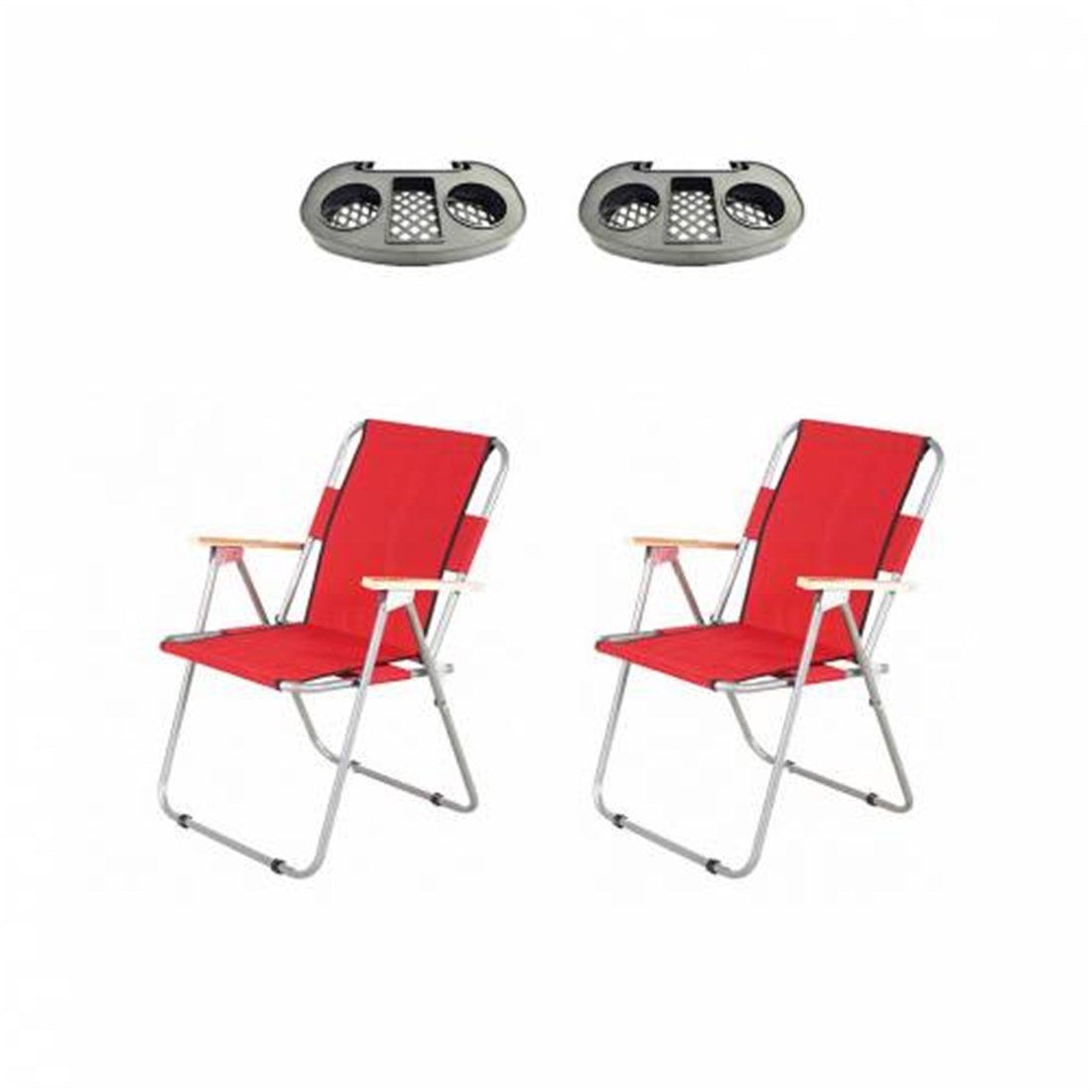 2 Adet Kırmızı Katlanır Kamp Sandalyesi + 2 Adet Bardaklık - Kamp Taburesi  - Katlanabilir Sandalye