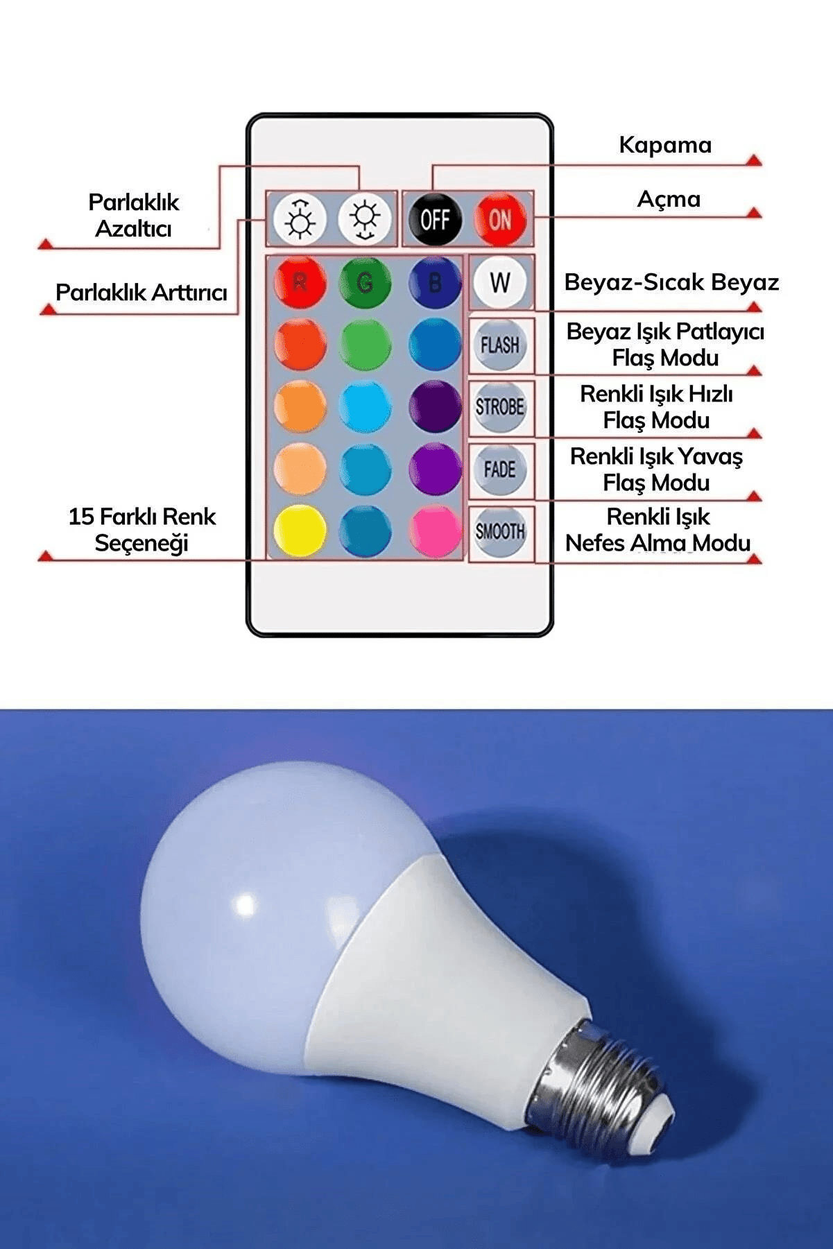 Renk Değiştiren Led Ampul - Dimmerli 9w Rgb - Uzaktan Kumandalı Led Ampul  Renkli Ampül