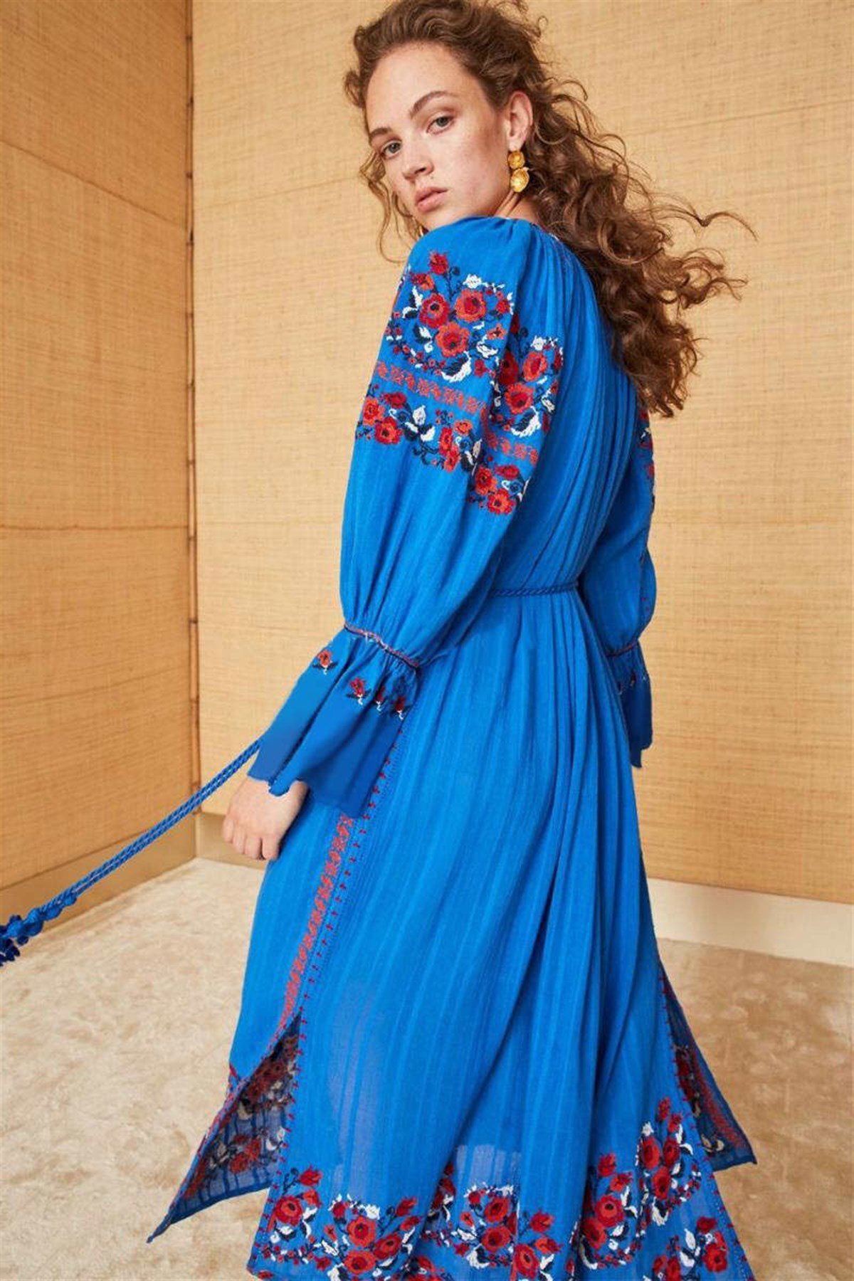Mavi Maxi İşlemeli Bohem Tasarım Elbise