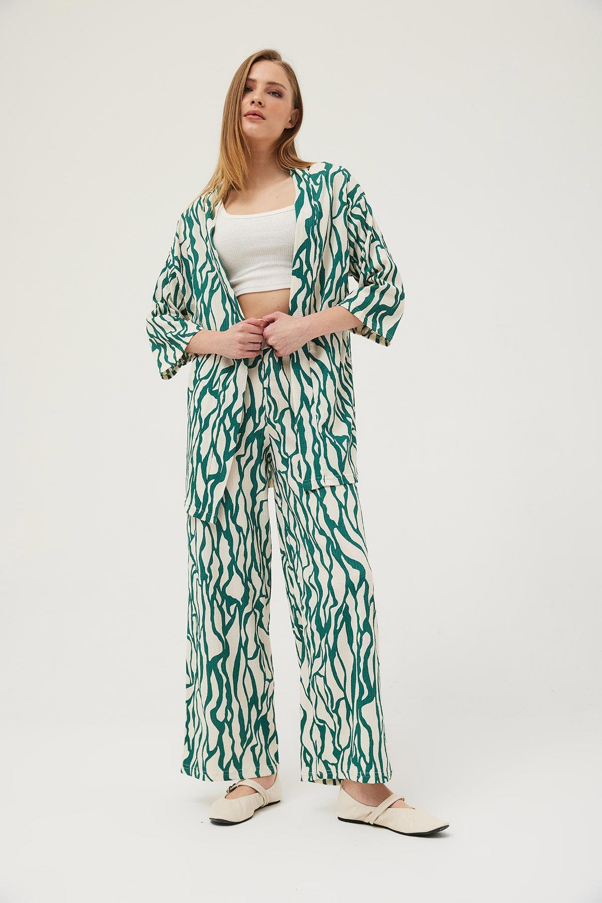 Kimono Pantolon Krinkıl Kadın İkili Takım Yeşil 