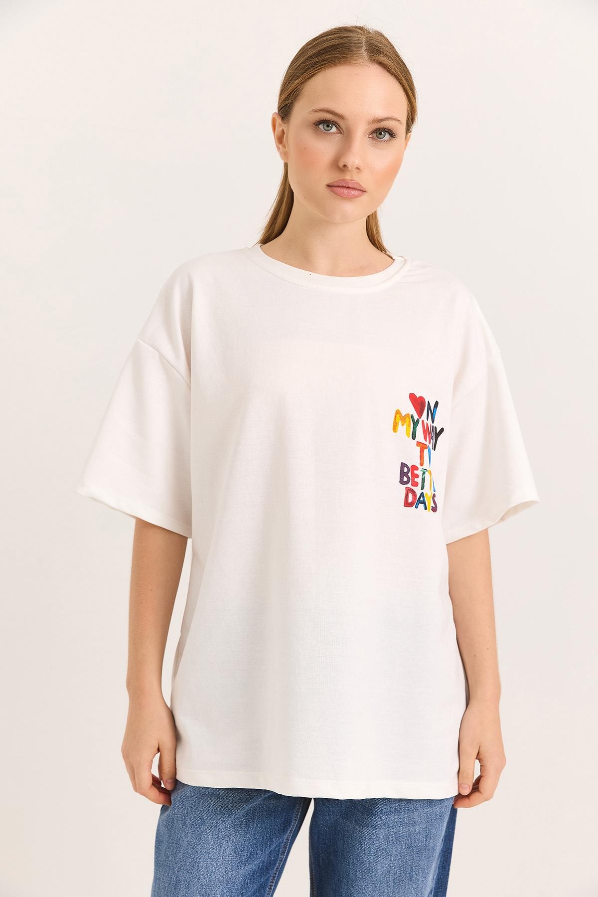My Way Ön ve Arka Baskılı Rahat Kalıp Tshirt Beyaz