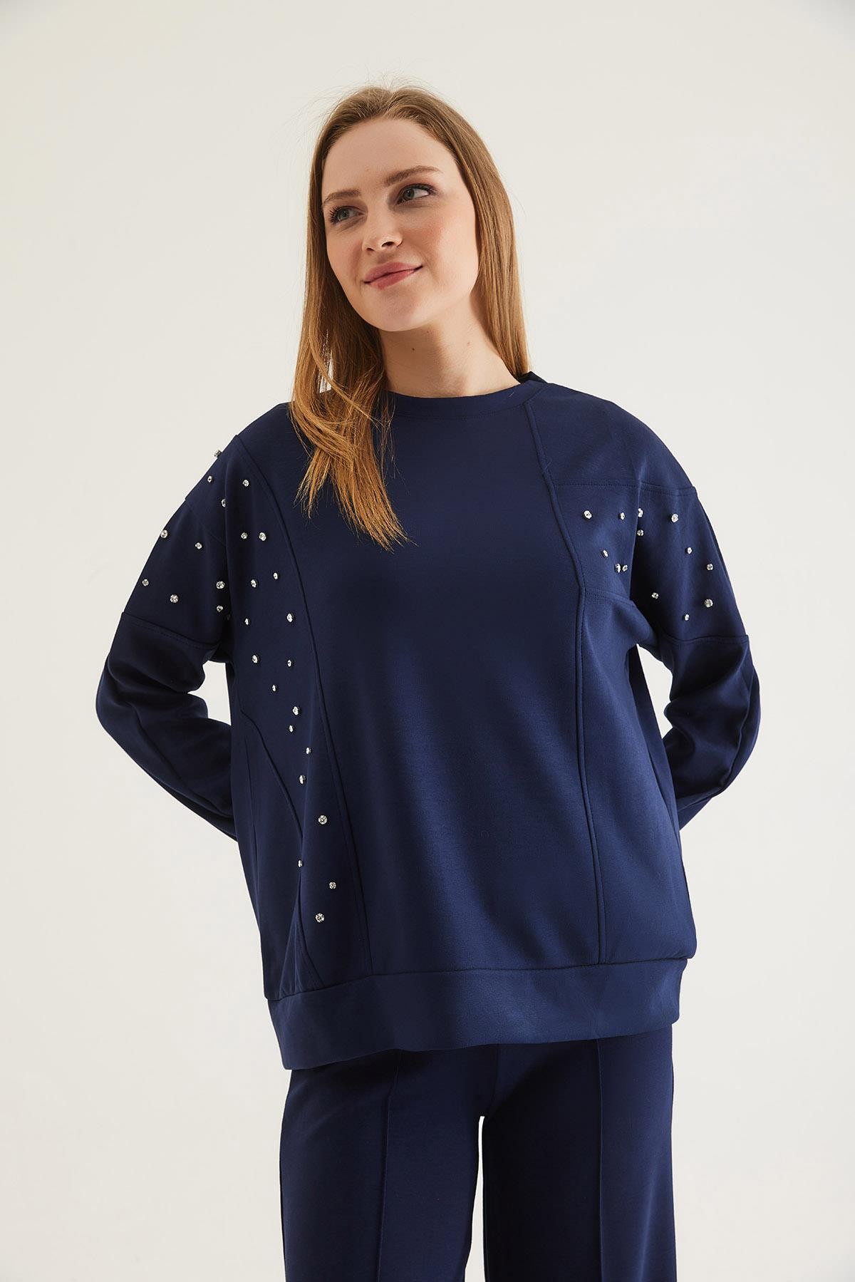 Taş Detaylı Modal Sweatshirt Lacivert