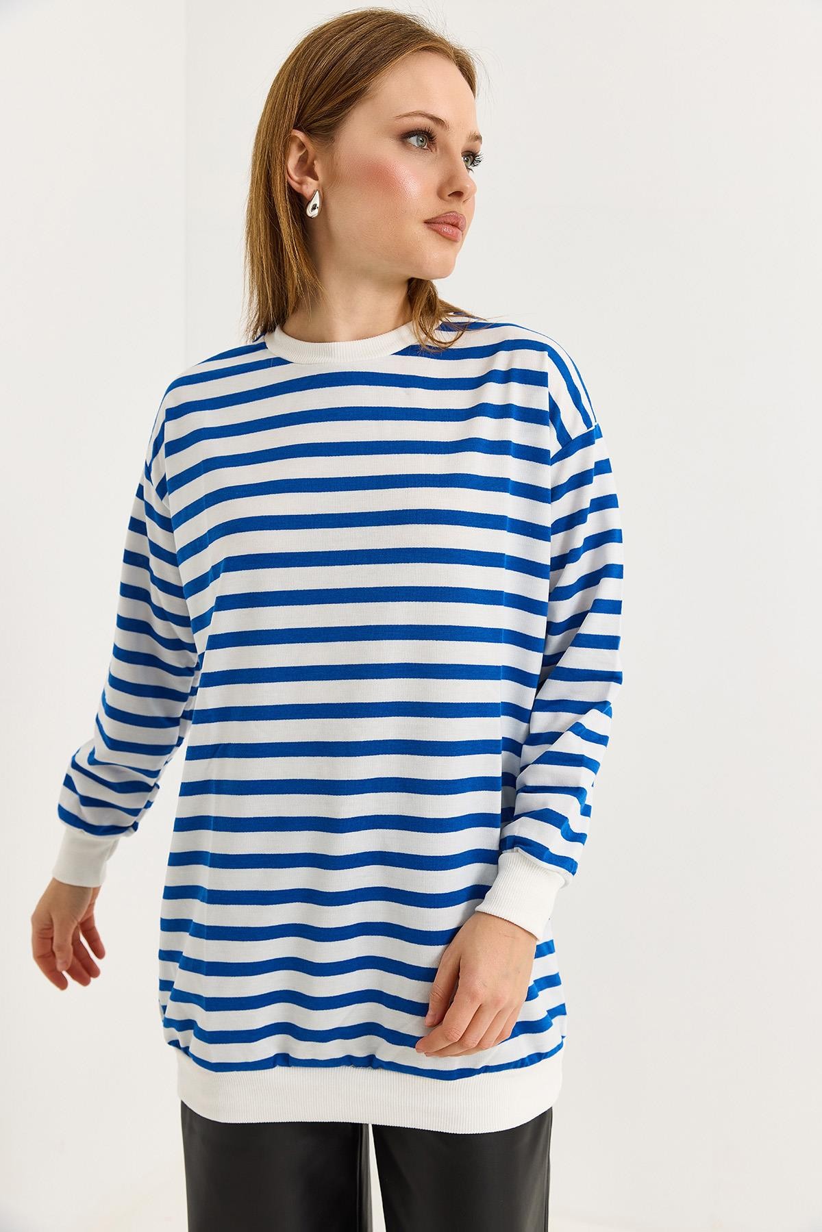 Çizgili Oversize Tunik Mavi