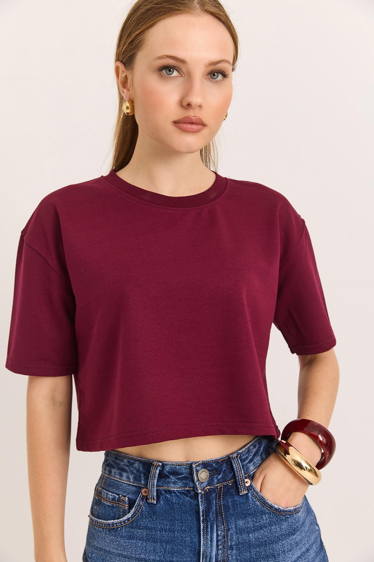 Bisiklet Yaka Havalı Crop İki İp Tshirt Bordo