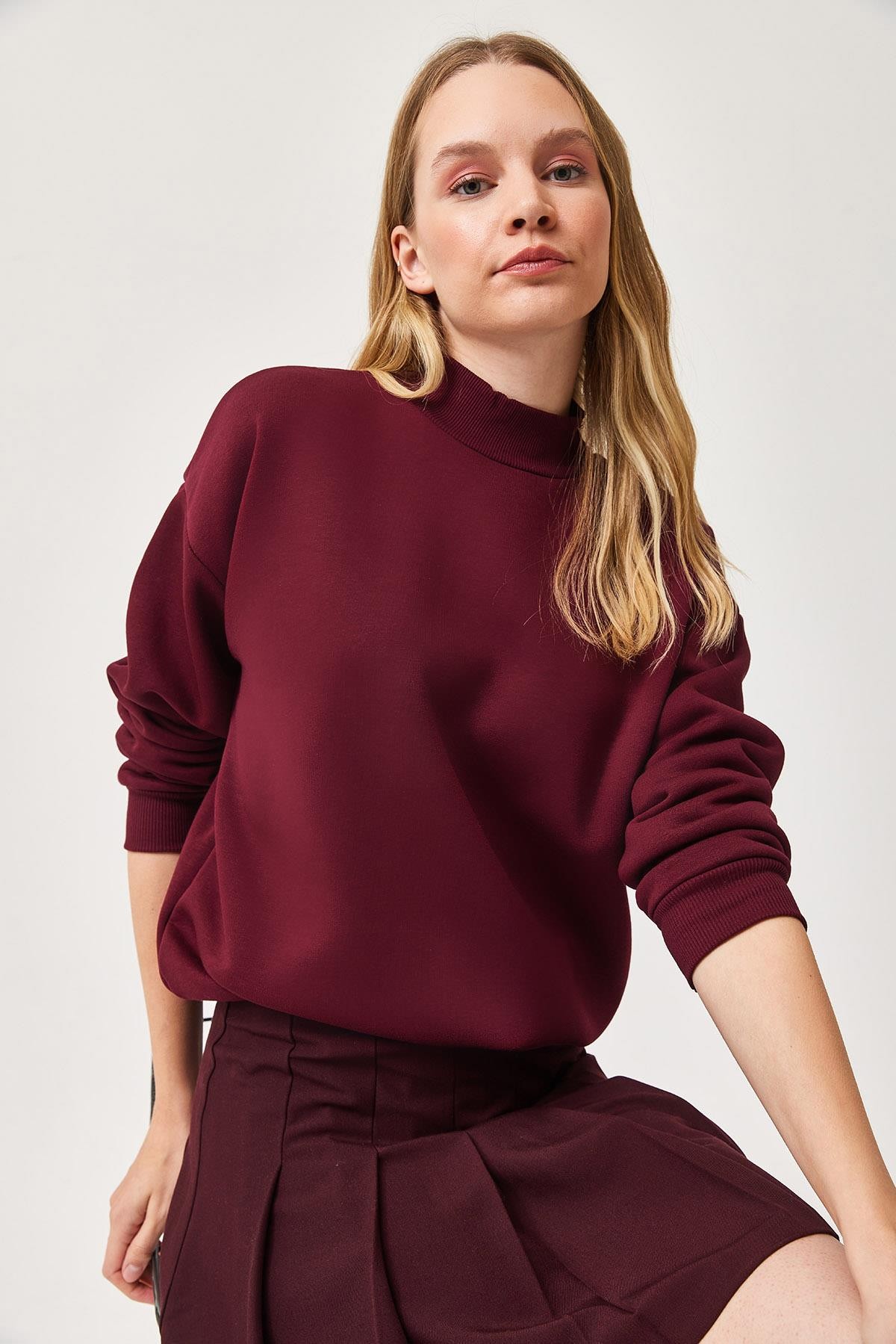 Balıkçı Yaka Şardonlu 3 ip Örme Sweatshirt Bordo