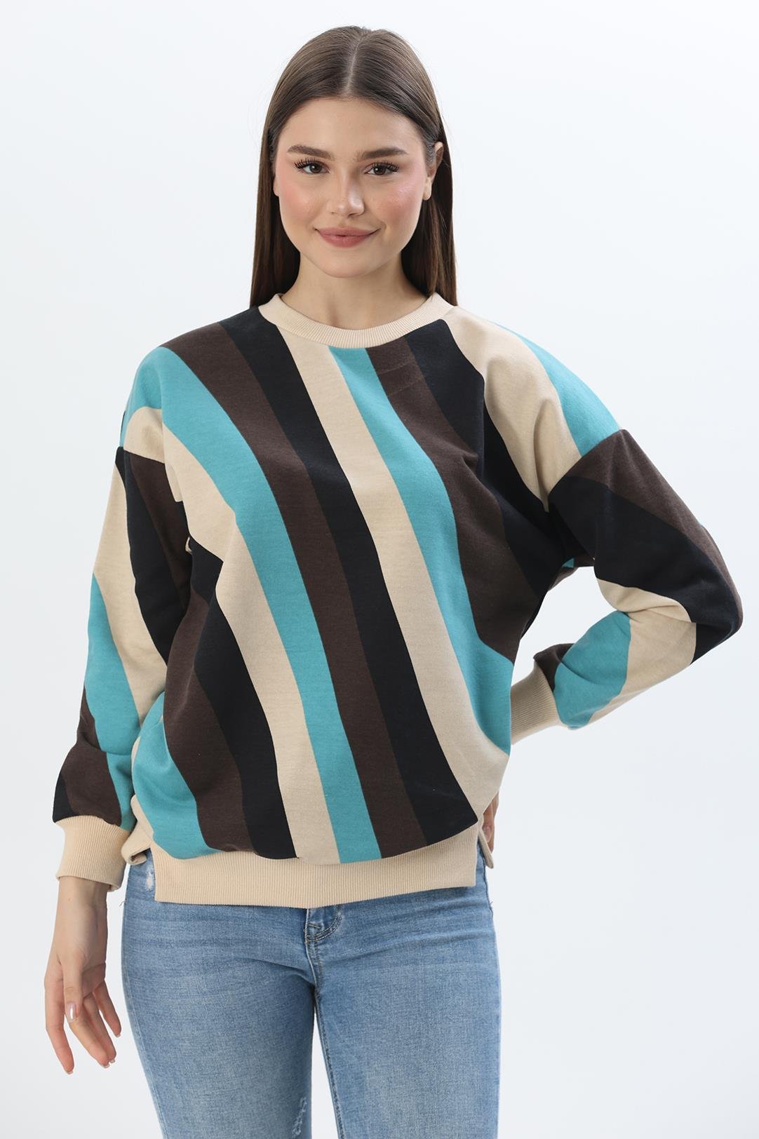 Çiçek Desen İki İplik Sweatshirt Bej