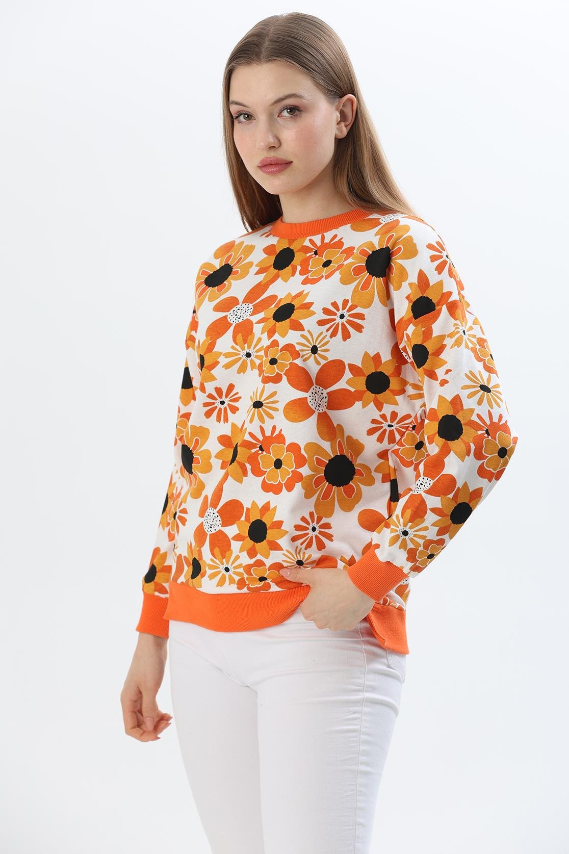 Çiçek Desen İki İplik Sweatshirt Turuncu