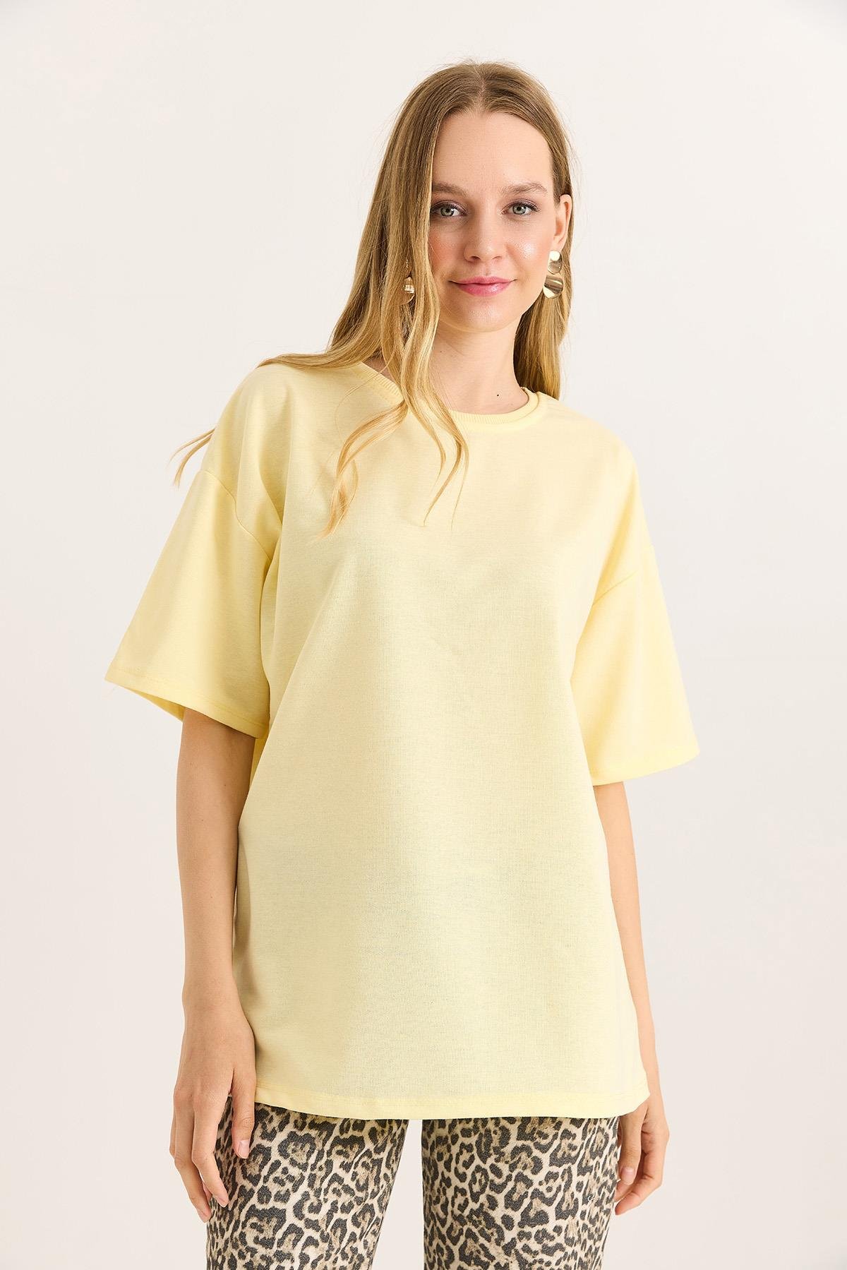 Oversize Yumuşak Dokulu Salaş T-Shirt Sarı