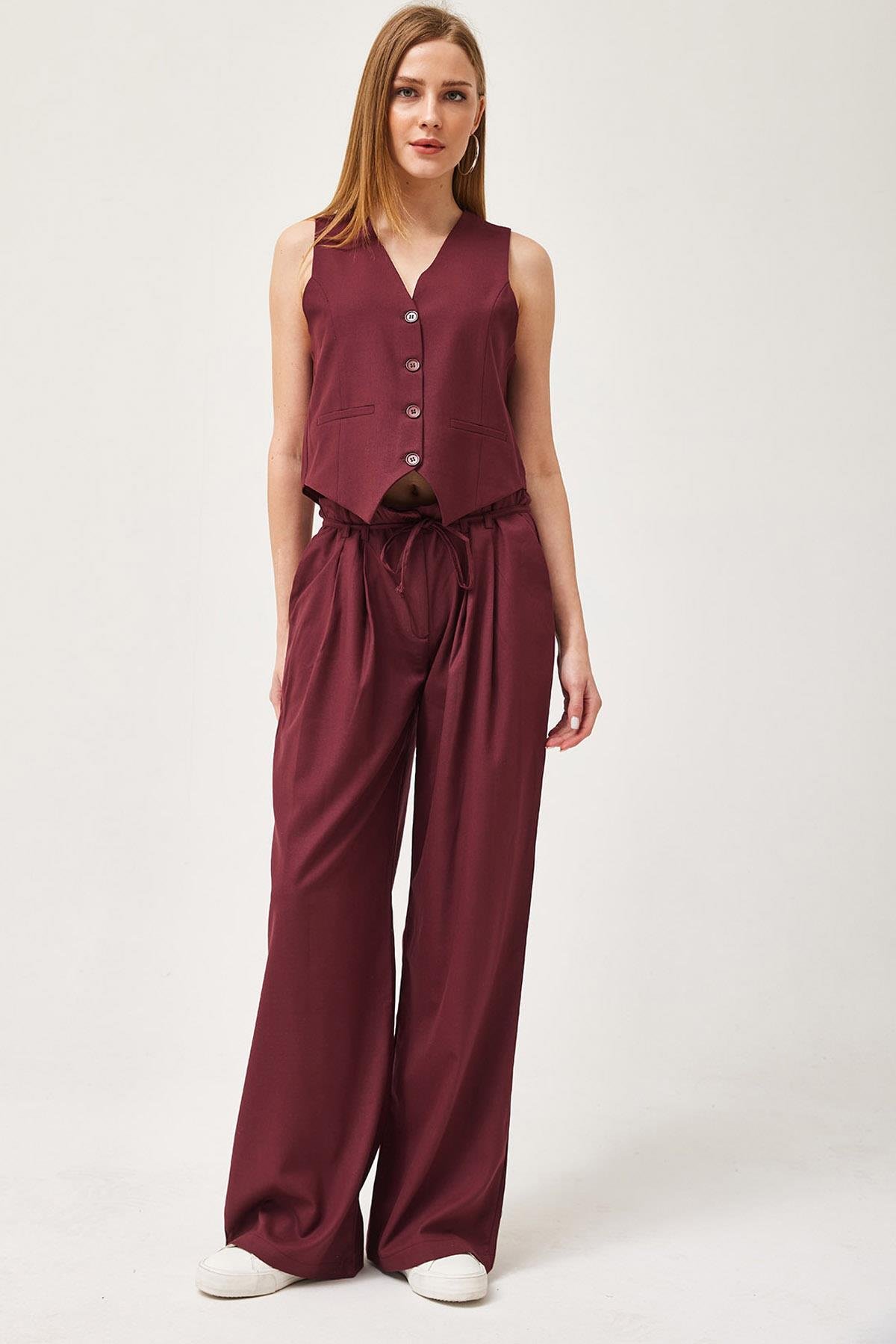 Regular Fit Blazer Yelek Crop Düz Düğmeli Bordo